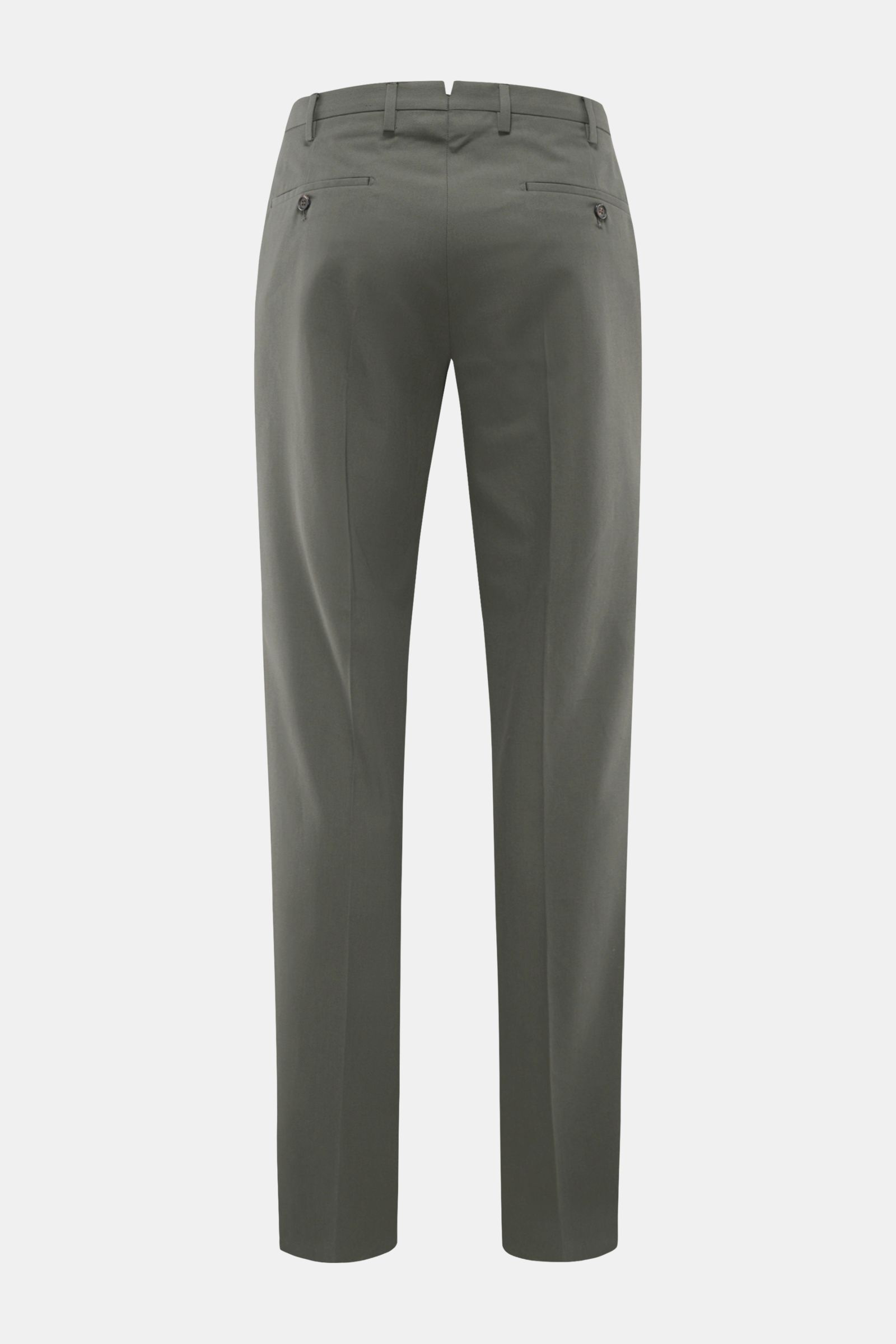 Rückansicht der Incotex Baumwollhose dunkelgrün aus reiner Baumwolle, Regular Fit, mit Bundfalte, Knopfriegel, französischen Taschen und paspelierten Gesäßtaschen.