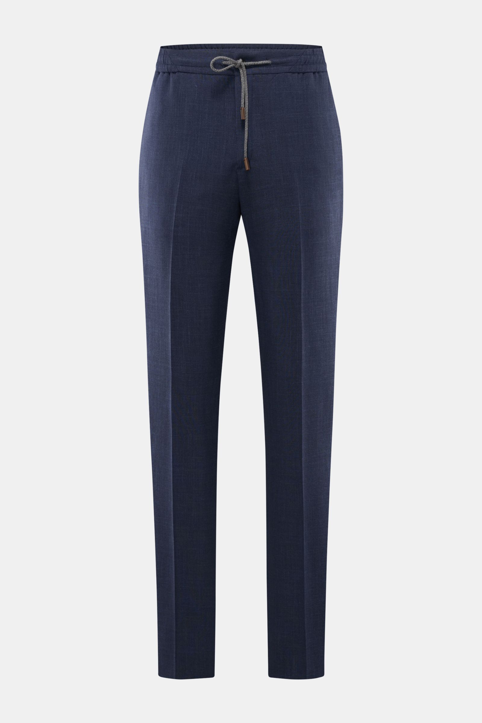 Incotex Jogger pants dark blue mottled, front view of casual wool, silk, linen blend trousers with elasticated waistband, drawstring, zip, button, tapered fit.