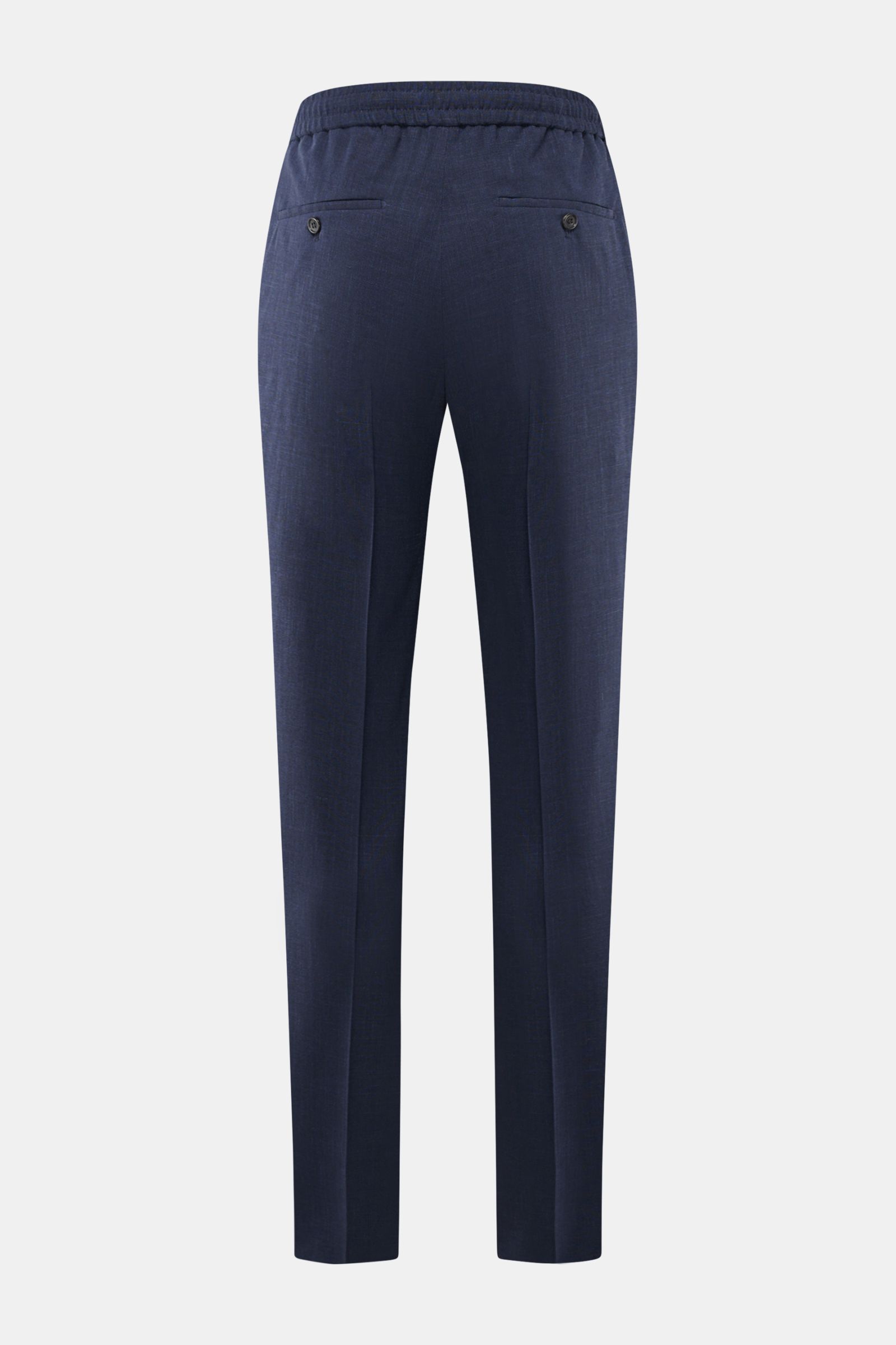 Incotex Jogger pants dark blue mottled shown from the back, featuring elasticated waistband with drawstring, buttoned back pockets, slightly tapered cut, regular fit, and smooth wool, silk, and linen blend fabric.