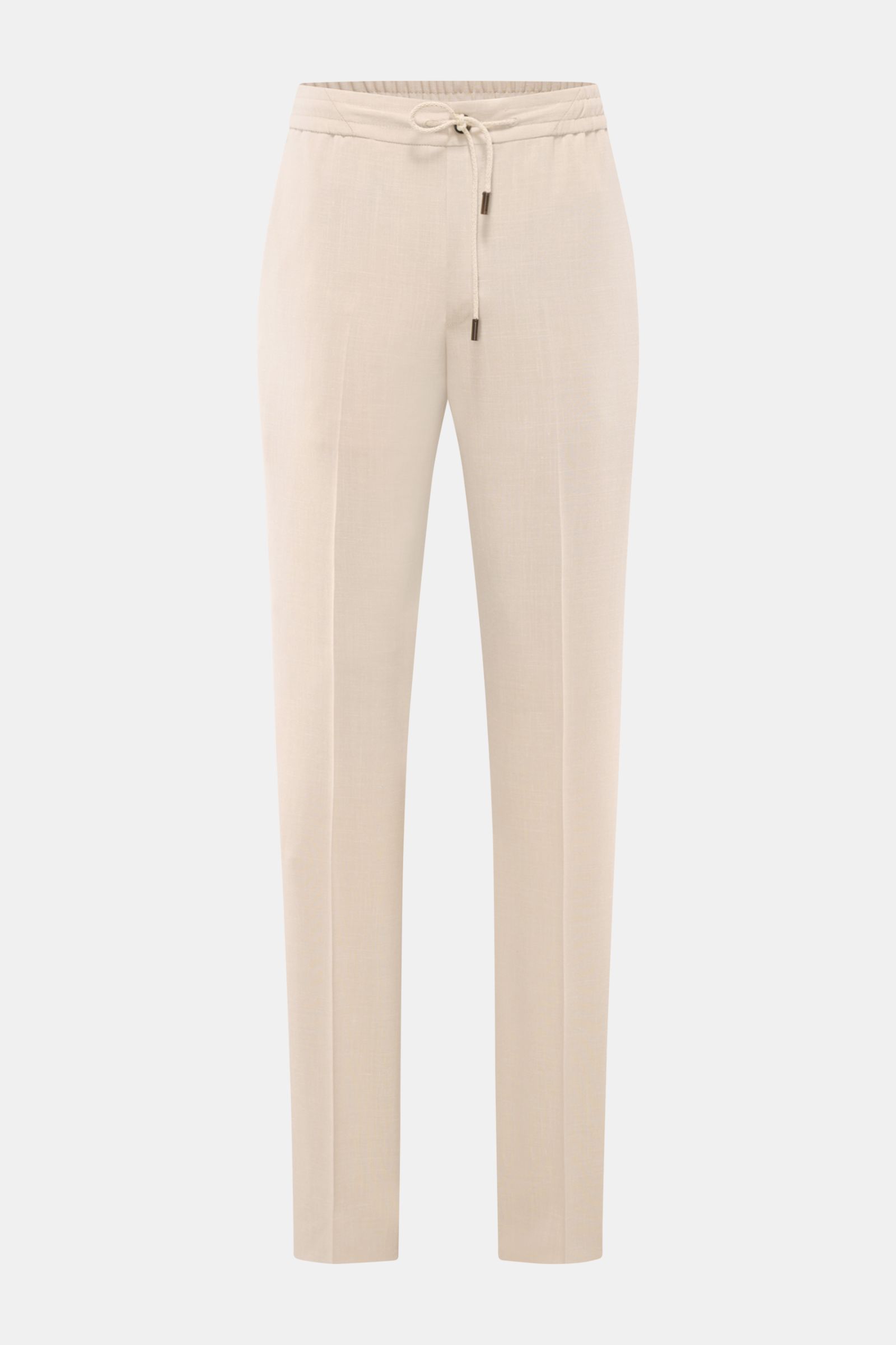 Front view of Incotex Jogger pants sand in a regular fit with slightly tapered cut, made of wool, silk, and linen blend, elasticated waistband with drawstring, zip and waist button, French pockets, back pockets with button, and open length.