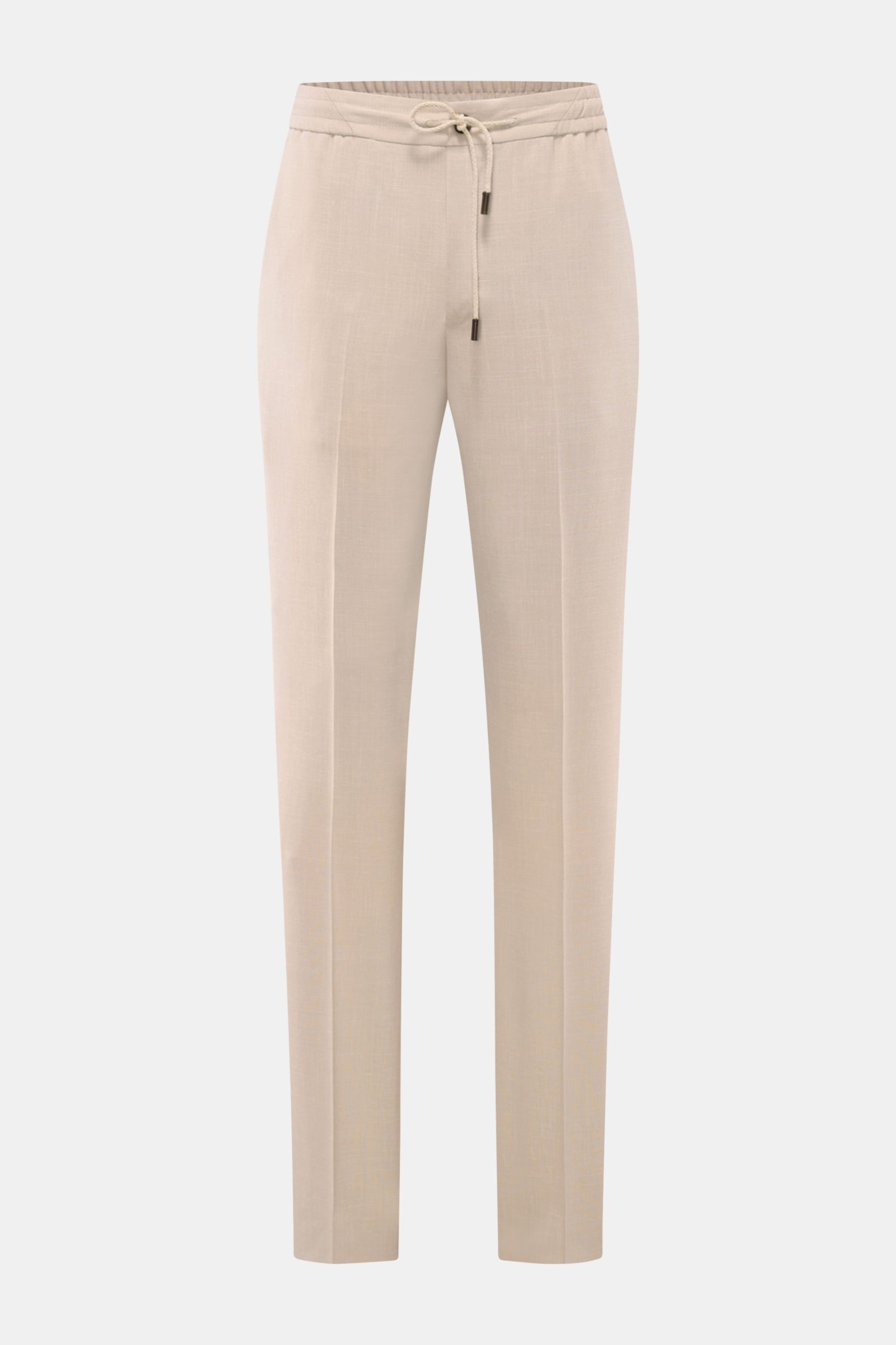 Incotex Jogpants beige meliert, frontal fotografiert, Regular Fit, elastischer Bund mit Tunnelzug, Wolle-Seide-Leinen-Mix, französische Taschen, offene Länge.