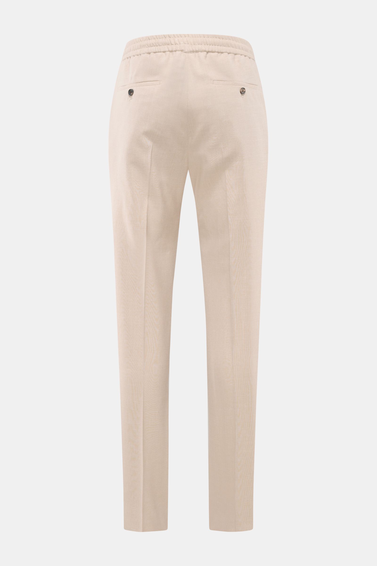 Incotex Jogger pants sand shown from the back, made of wool, silk and linen blend, elasticated waistband with drawstring, buttoned back pockets.