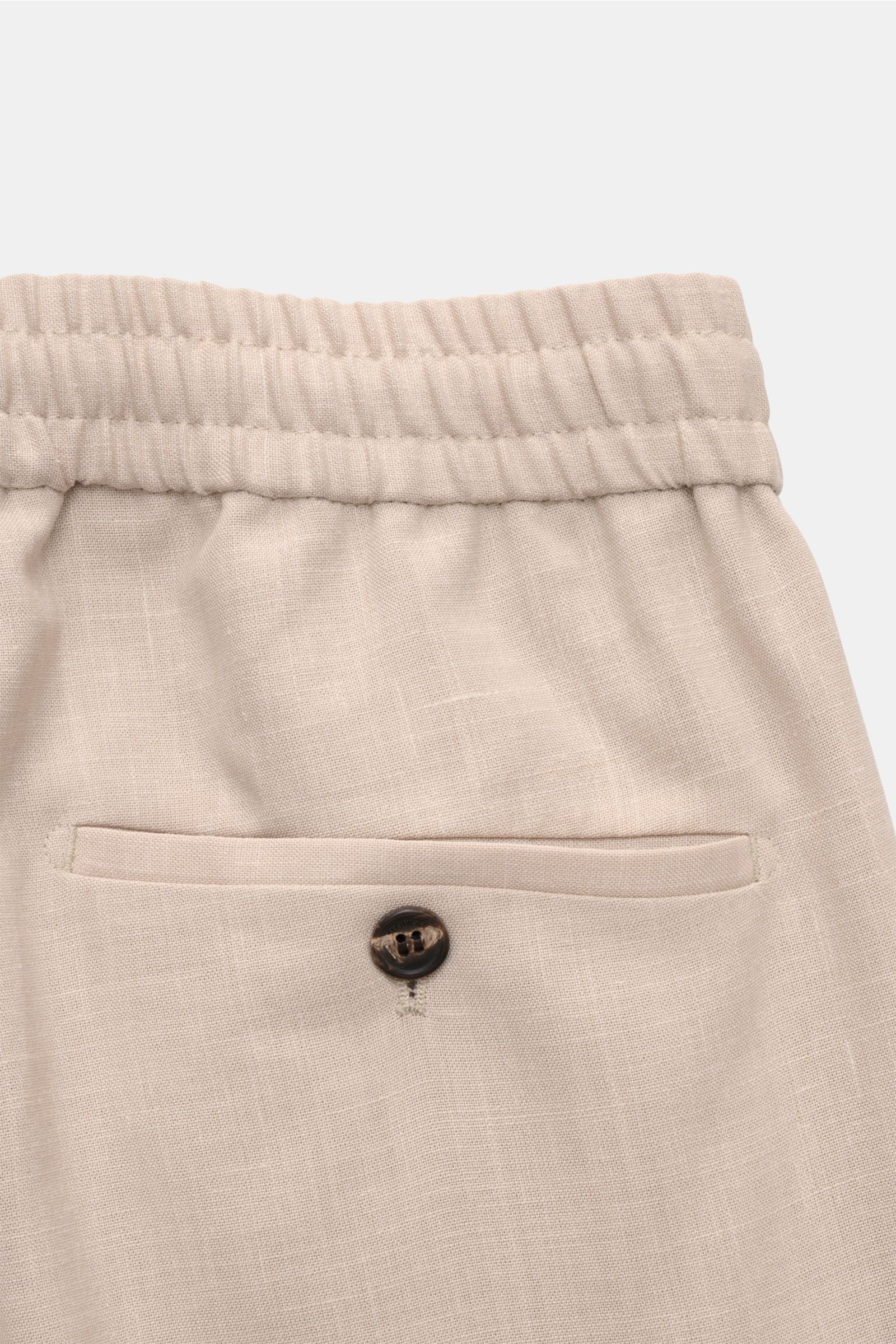 Incotex Jogpants beige meliert, Detailaufnahme von hinten oben, elastischer Bund mit Tunnelzug, französische Taschen, Knopf am Gesäß, Wolle-Seide-Leinen-Mix