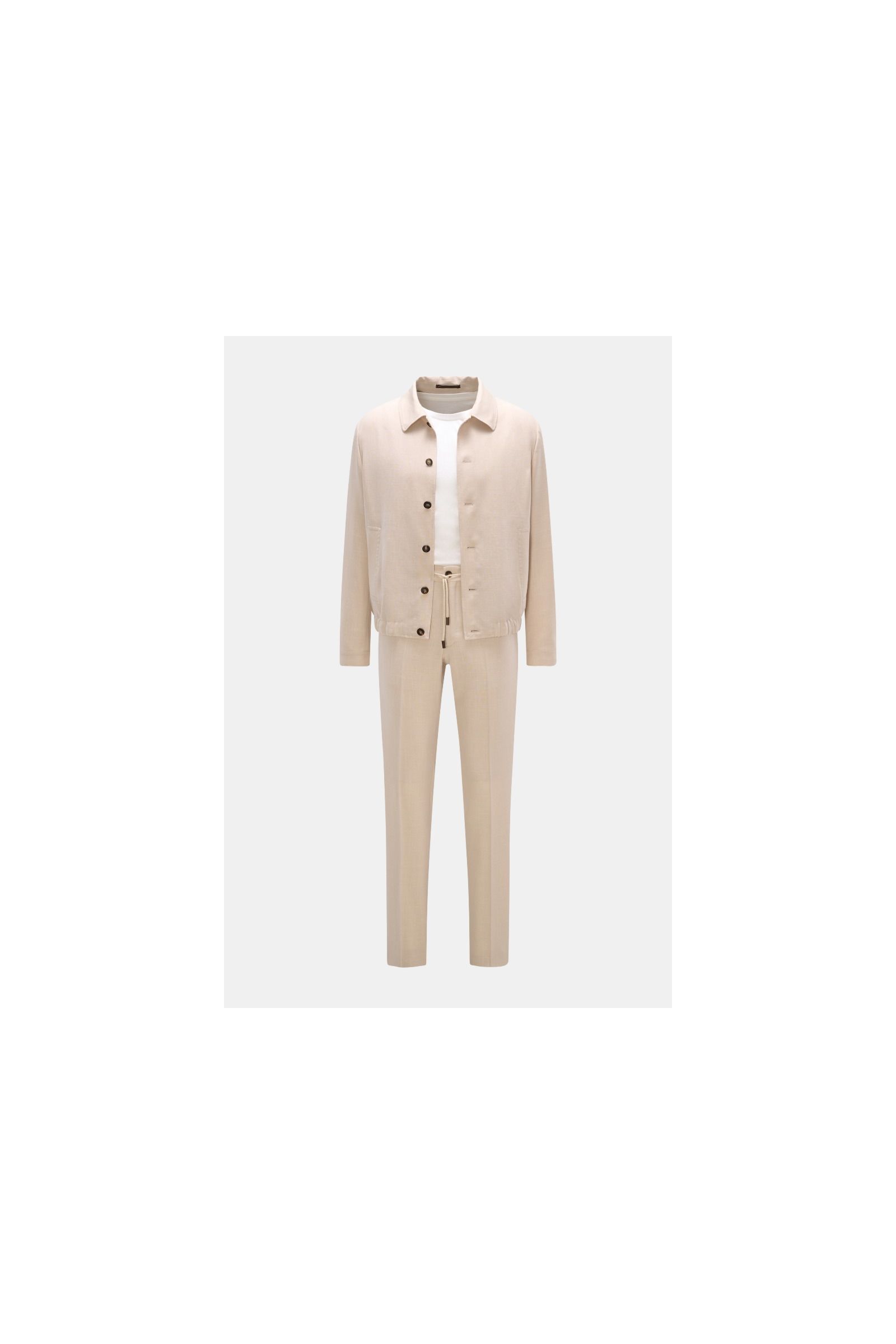Incotex Jogpants beige meliert, frontale Nahaufnahme, Regular Fit, elastischer Bund mit Tunnelzug, französische Taschen, Wolle-Seide-Leinen-Mix