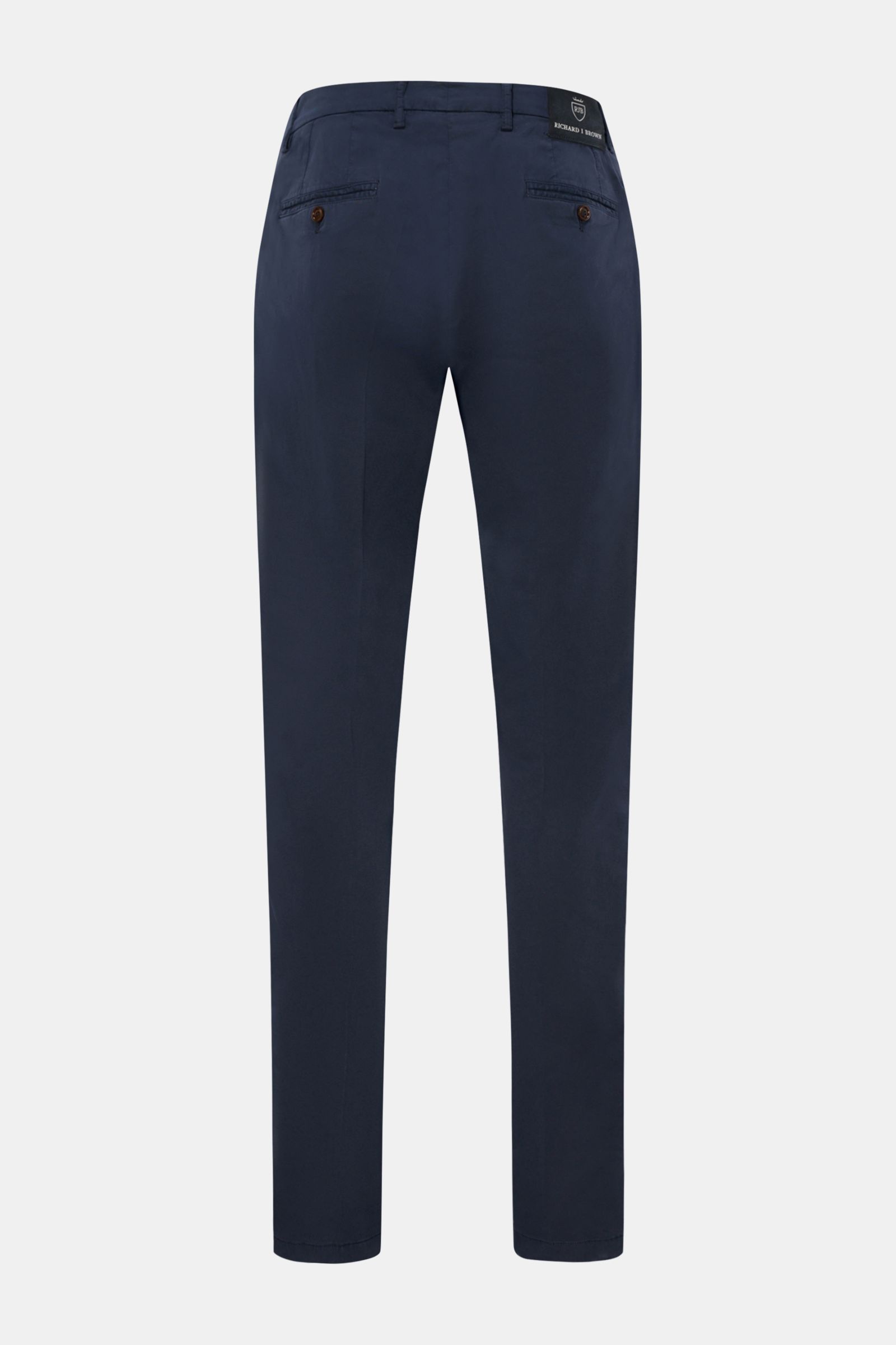 Richard J. Brown Chino 'Singapore' navy von hinten, Regular Fit, Twill-Baumwolle, Stretch, schmal zulaufend, Taschen mit Knopf, Leder-Patch.