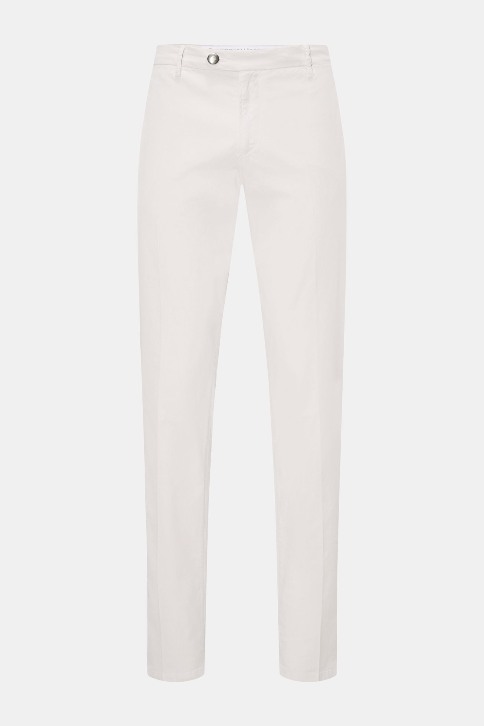 Front view of Richard J. Brown Chinos 'Singapore' sand, slim fit cotton twill with slight stretch, tapered cut, zip and waist buttons, French pockets, small watch pocket, back pockets with button, and leather patch. Everyday luxury: Soft cotton with sligh