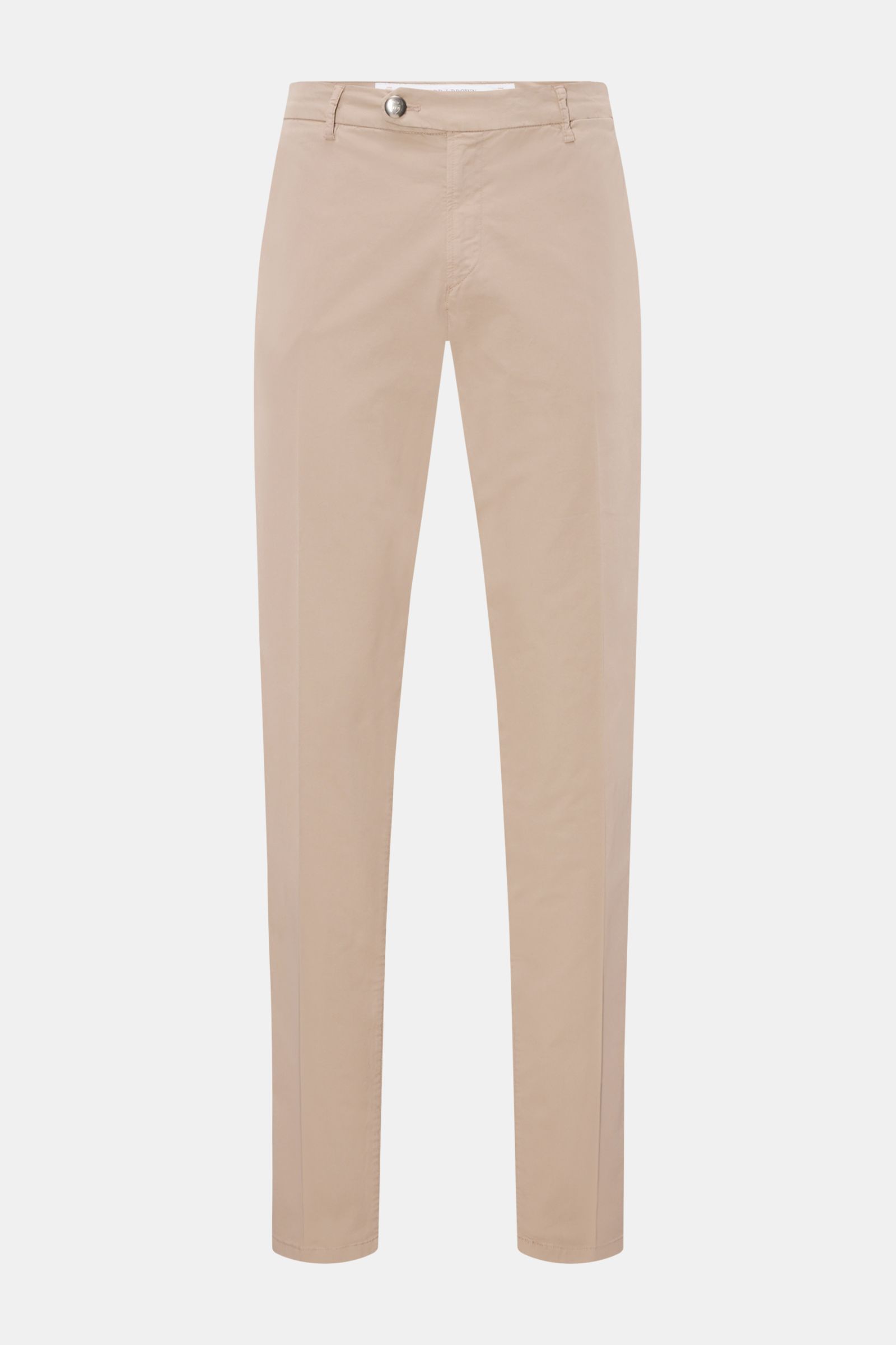 Front view of Richard J. Brown Chinos 'Singapore' beige, soft cotton twill with slight stretch, slim fit, tapered cut, zip and waist buttons, French and back pockets with button, small watch pocket, leather patch on back, fine twill texture, everyday luxu