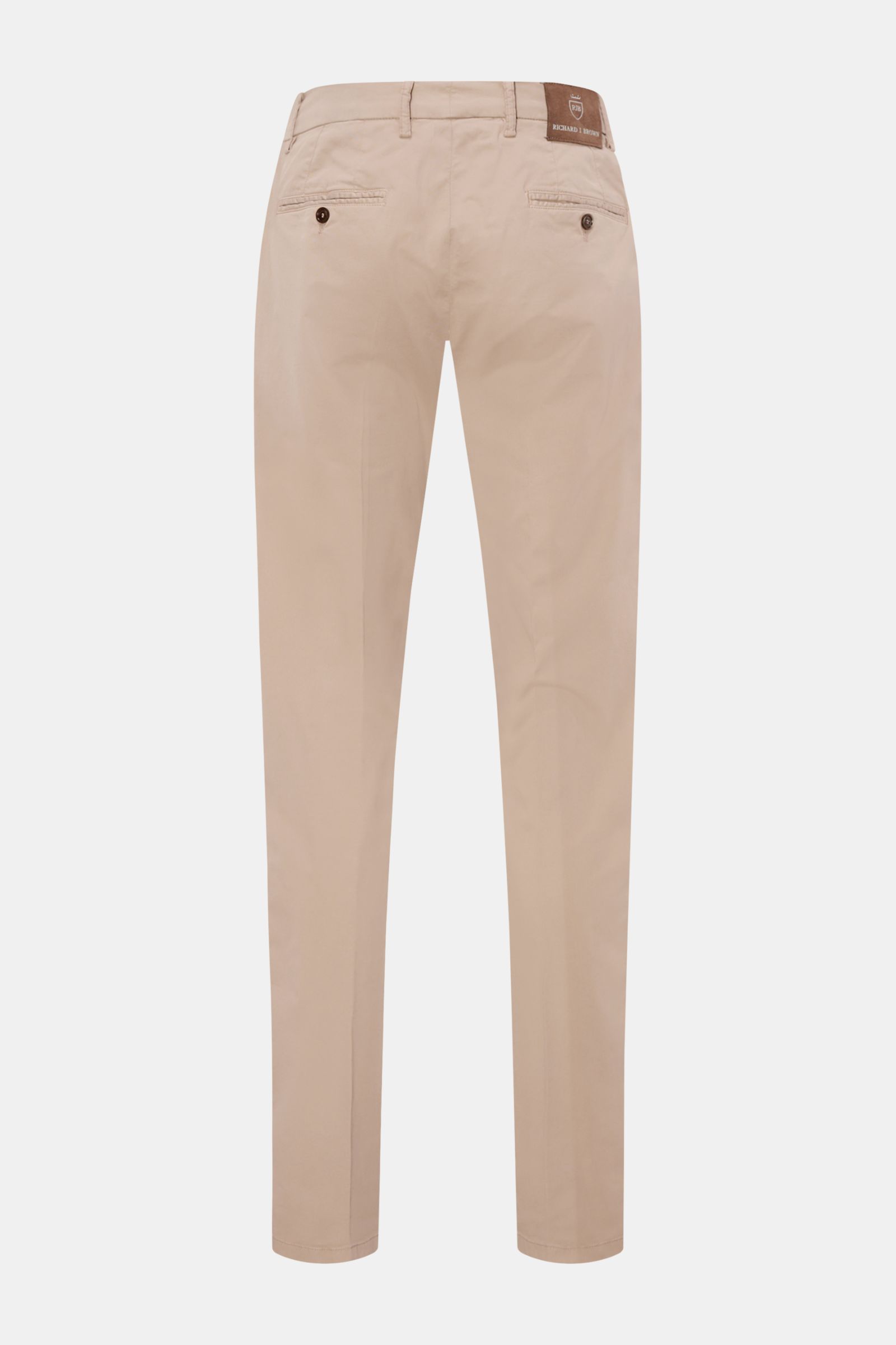 Richard J. Brown Chinos 'Singapore' beige shown from the back on a white background, slim fit tapered cotton twill pants with French pockets, small watch pocket, buttoned back pockets, zip and waist buttons, extended buttoned tab, and leather patch on the