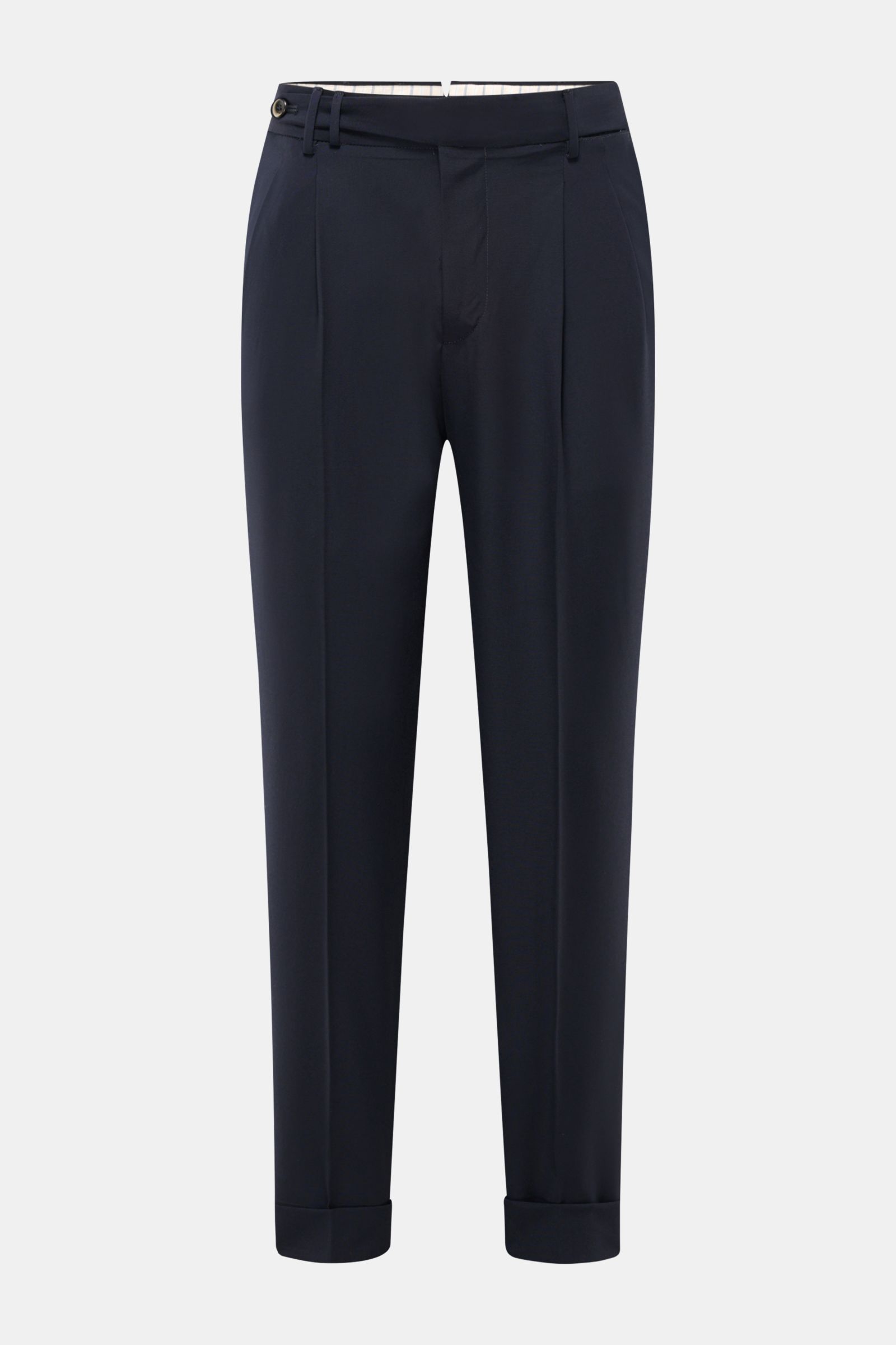 Front view of PT Torino Wool trousers 'Carrot Fit' navy, made of pure virgin wool with soft feel, short cut, stylish double pleats, extended buttoned tab, small watch pocket, French pockets, back flap pockets with button, zip and waist buttons, fixed hem 