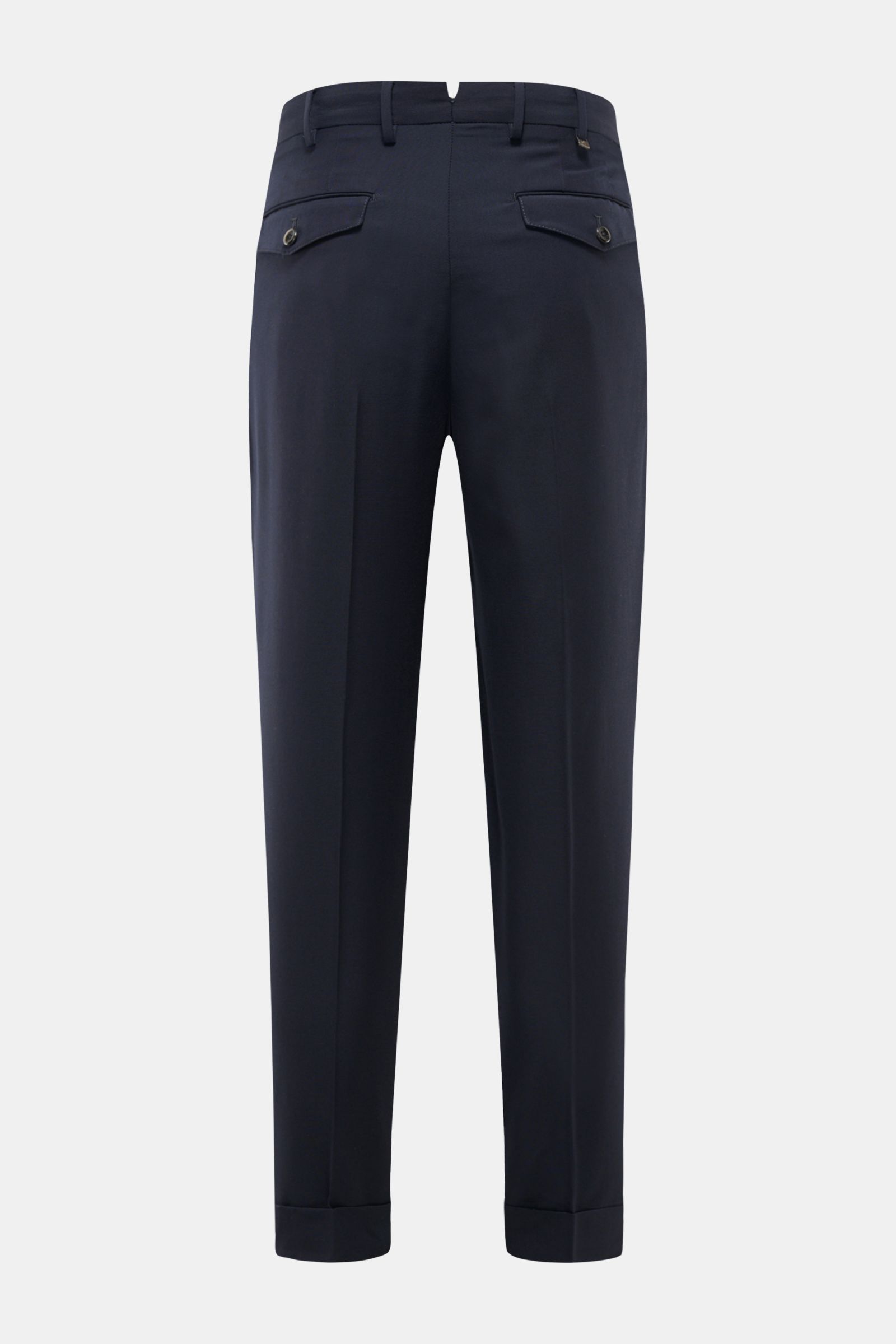 Rear view of PT Torino Wool trousers 'Carrot Fit' navy in elasticated virgin wool, featuring double pleats, buttoned flap back pockets, fixed hem turn-up, and extended buttoned tab, showcasing classic elegance with a modern twist.