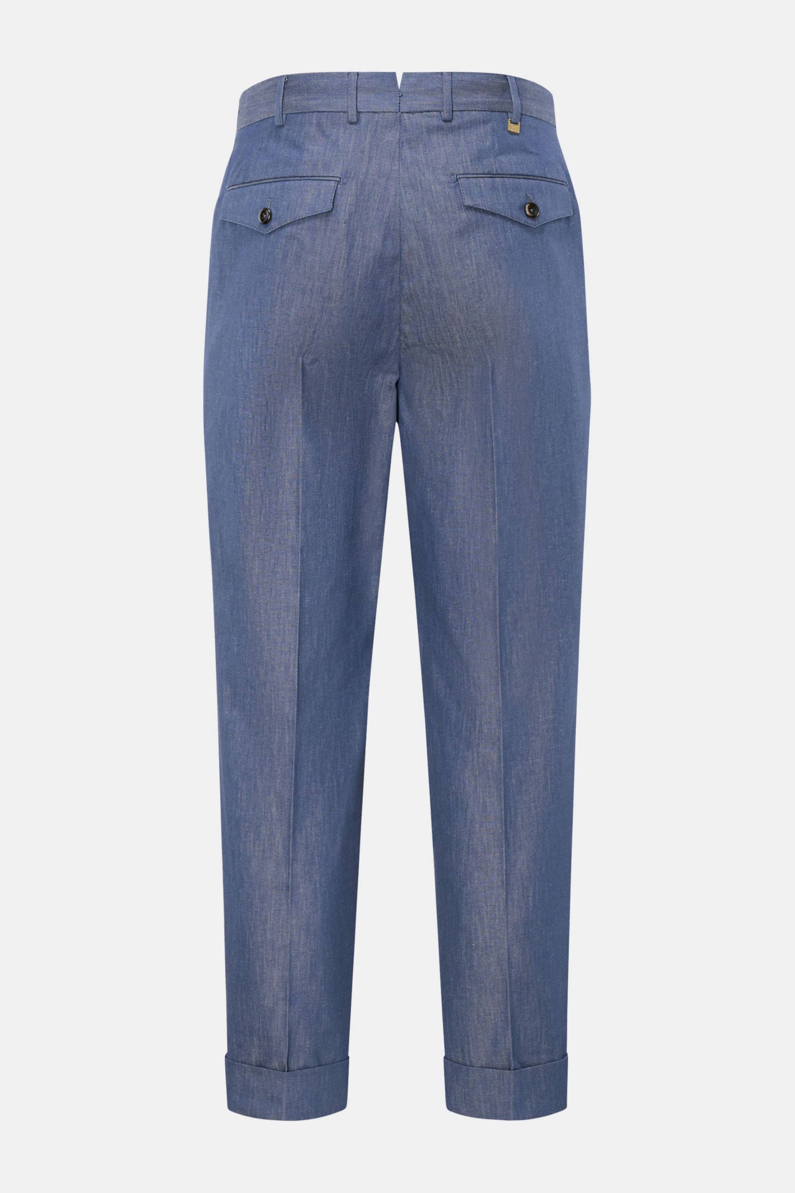 PT Torino Baumwollhose 'Carrot Fit' dunkelblau meliert, Rückansicht, knöchellang, mit Bundfalten, Knopfriegel, Uhrentasche, Patten- und französischen Taschen.
