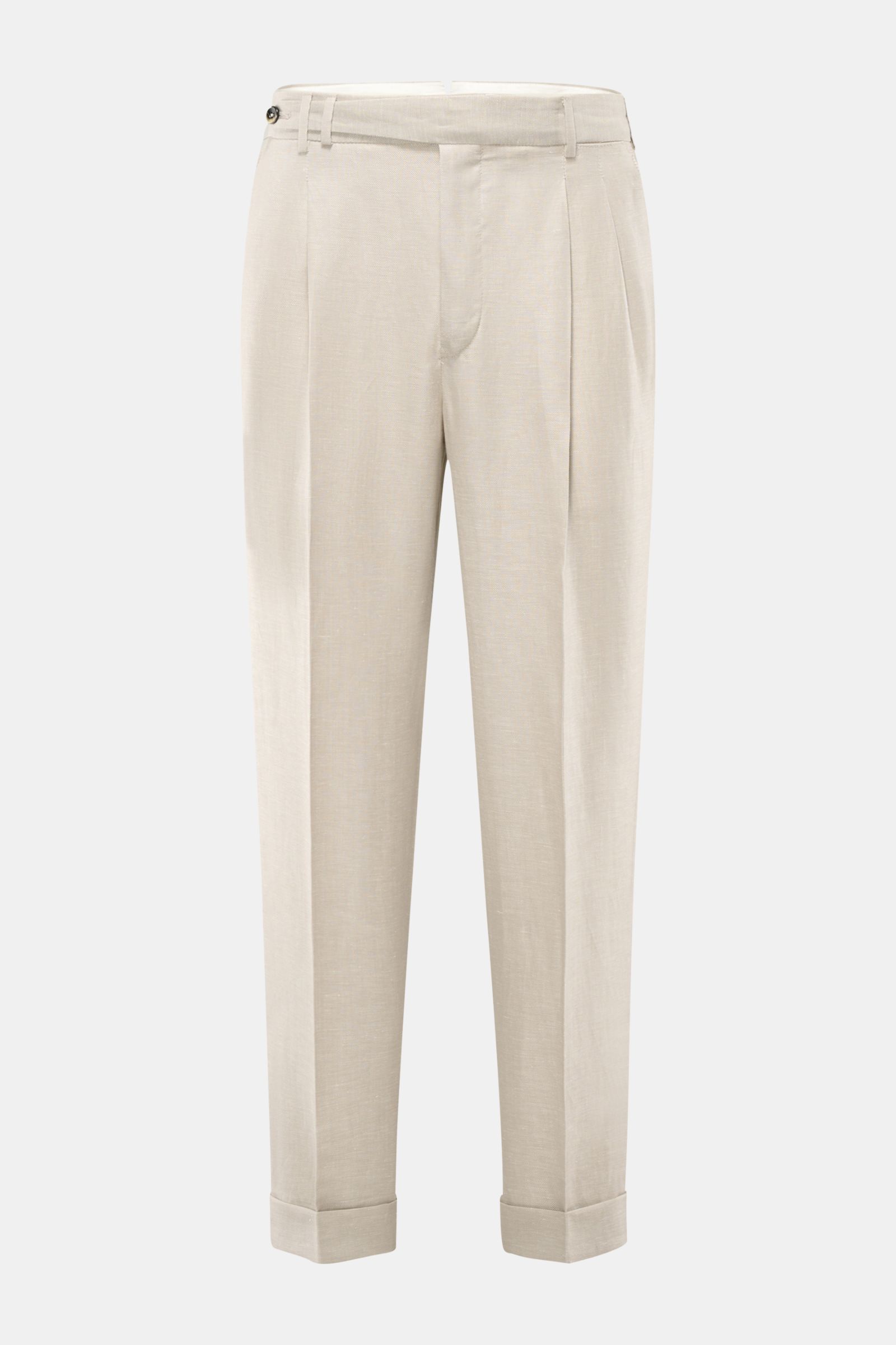 Front view of PT Torino Trousers 'Carrot Fit' sand in a blend of virgin wool and linen with a distinctive twill texture, high waist, double pleats, French pockets, back flap pockets, zip and button closure, extended buttoned tab, small watch pocket, cropp