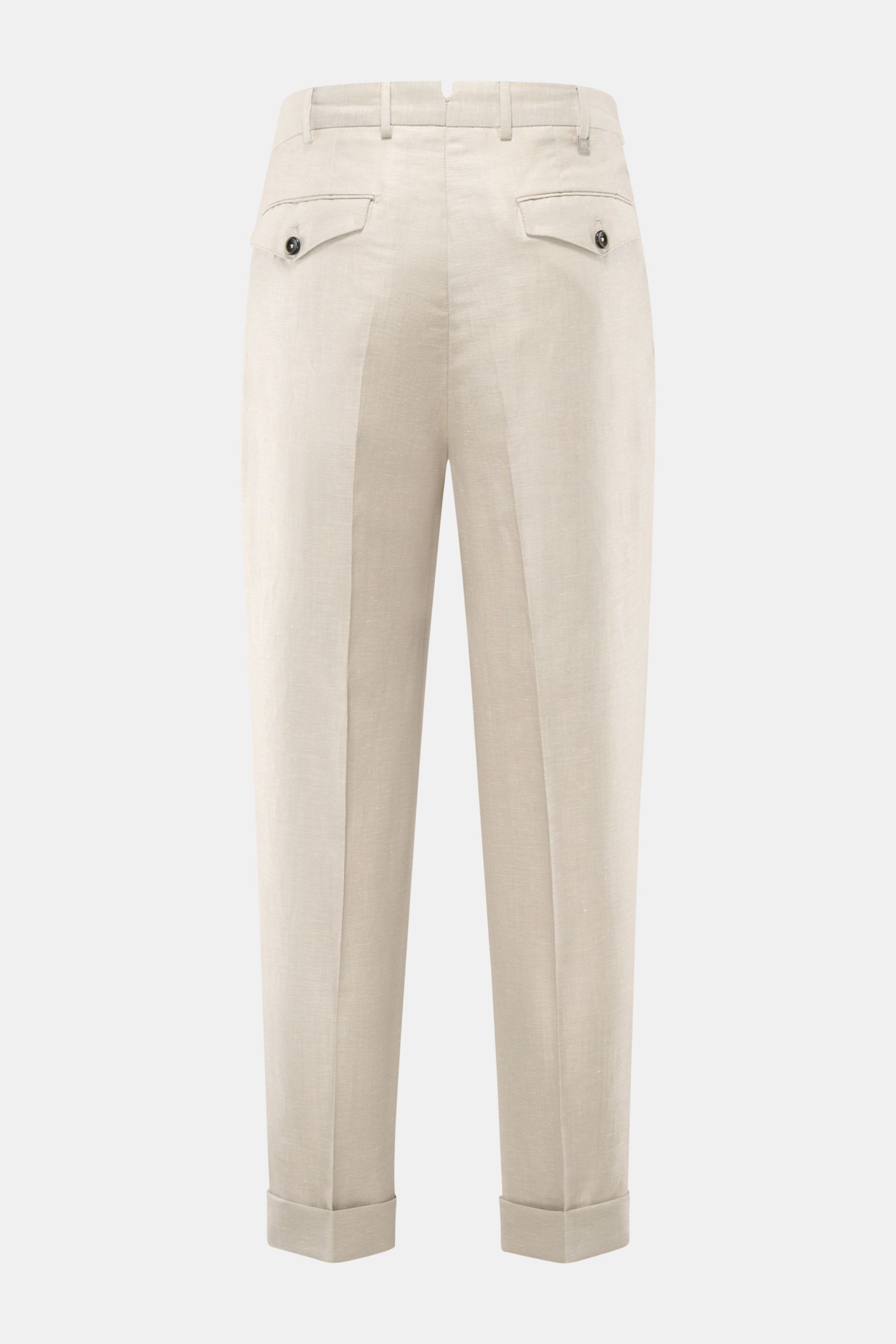 Rear view of PT Torino Trousers 'Carrot Fit' sand in a blend of virgin wool and linen, featuring cropped tapered legs, double pleats, flap back pockets, fixed hem turn-up, and high waist with extended buttoned tab.

Description: Italian nonchalance mee
