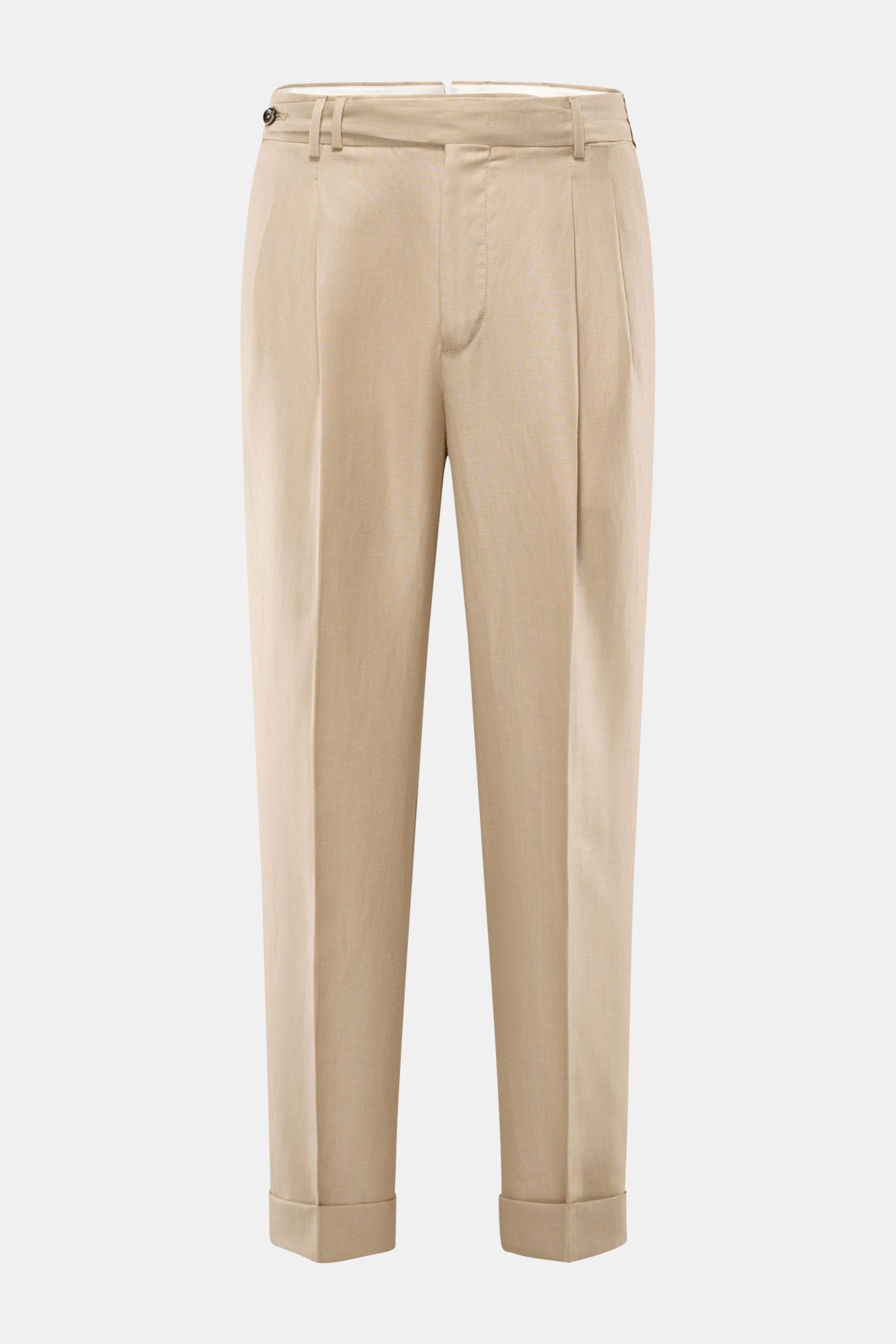 Front view of PT Torino Hose 'Carrot Fit' beige, made of a wool and linen mix with a tapered fit, shortened length, high waist, pleats, and cuffed hems.