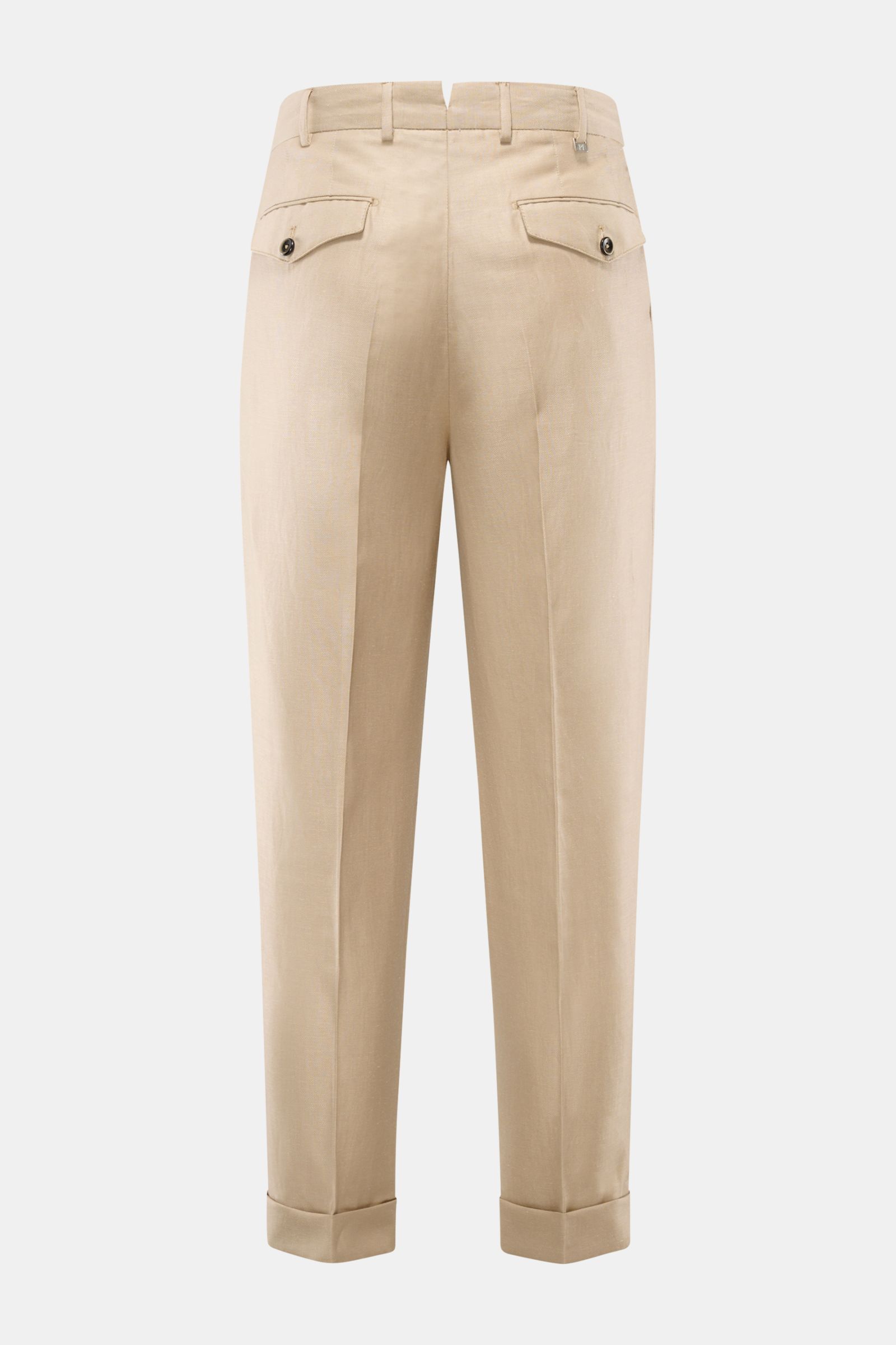 Rear view of PT Torino Hose 'Carrot Fit' beige pants made of a wool and linen blend, featuring tapered fit, shortened legs, high waistband, double pleats, flap back pockets with buttons, French pockets, a small watch pocket, zipper and button closure, ext