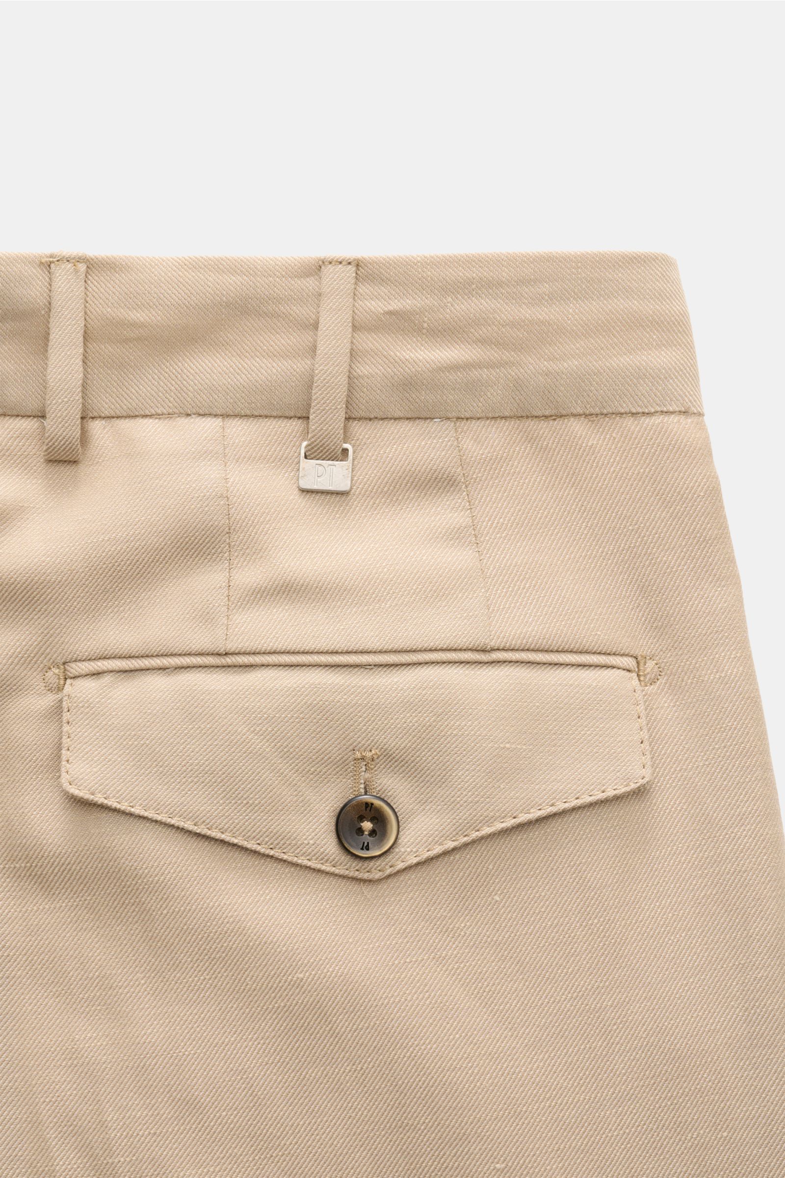 Close-up rear view of PT Torino Hose 'Carrot Fit' beige showing high waistband, belt loops, back pocket with button, and marked twill texture.