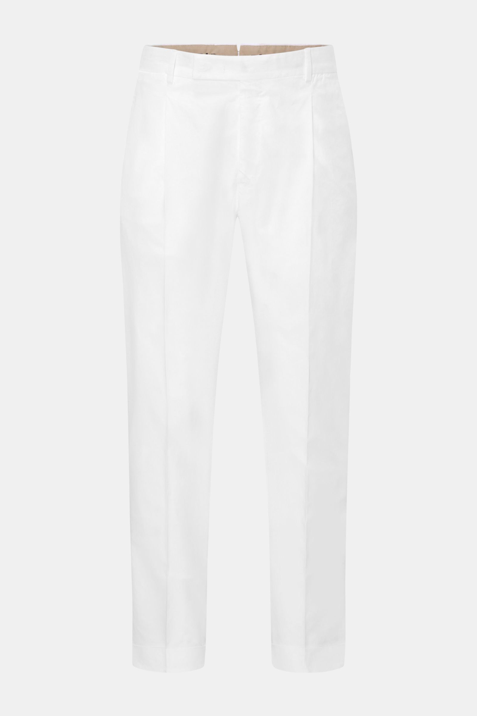 Front view of PT Torino Chinos 'Rebel Fit' white, tapered cotton chinos with single pleat, French pockets, back flap pockets, zip and hook fastener, and fixed hem turn-up. 

Description: You can’t go wrong with PT TORINO: These comfortably cut chinos m