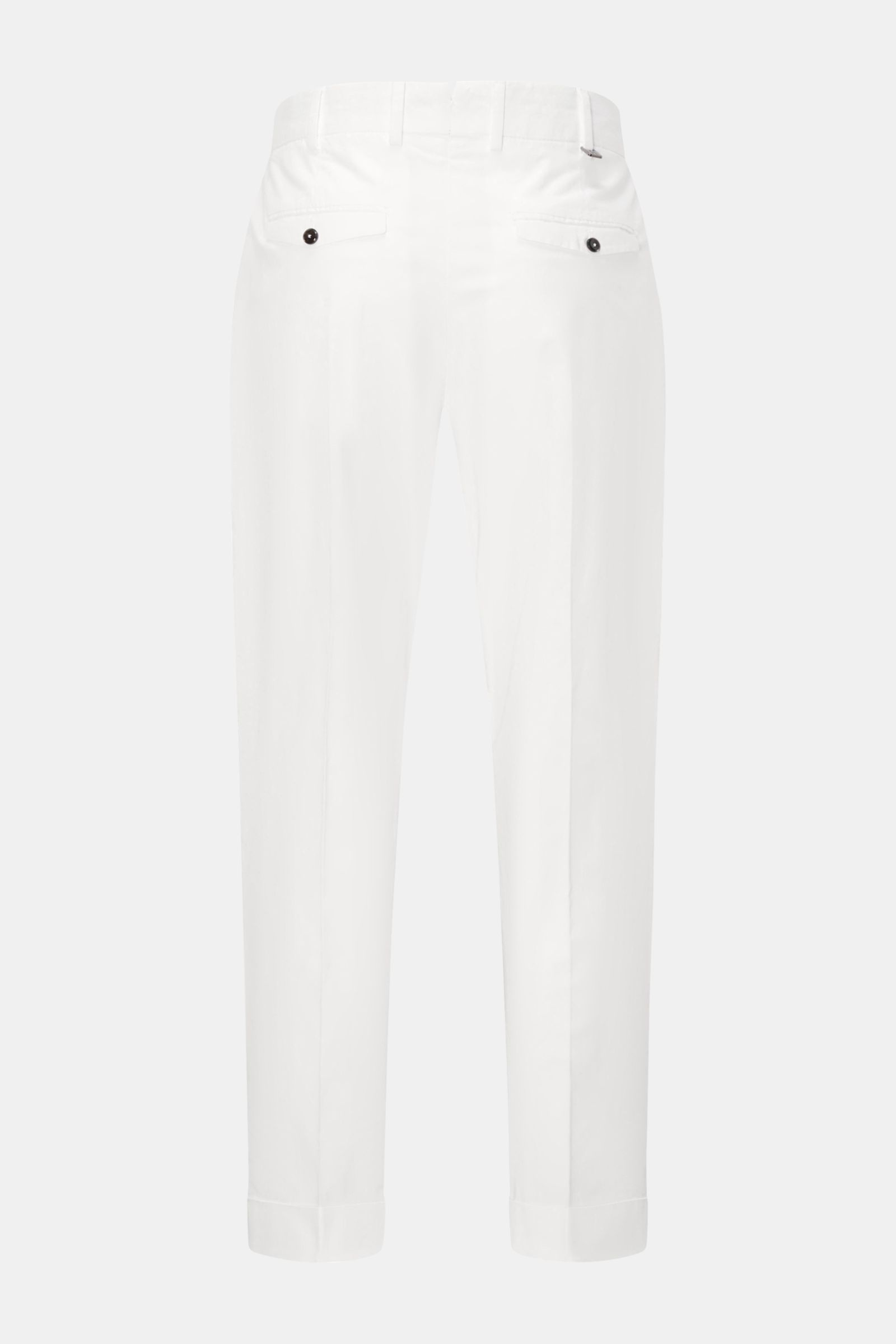 Rear view of PT Torino Chinos 'Rebel Fit' white, tapered fit cotton chinos with single pleat, back flap pockets, and fixed hem turn-up.

Description to include:  
You can’t go wrong with PT TORINO: These comfortably cut chinos made of cotton in a trend