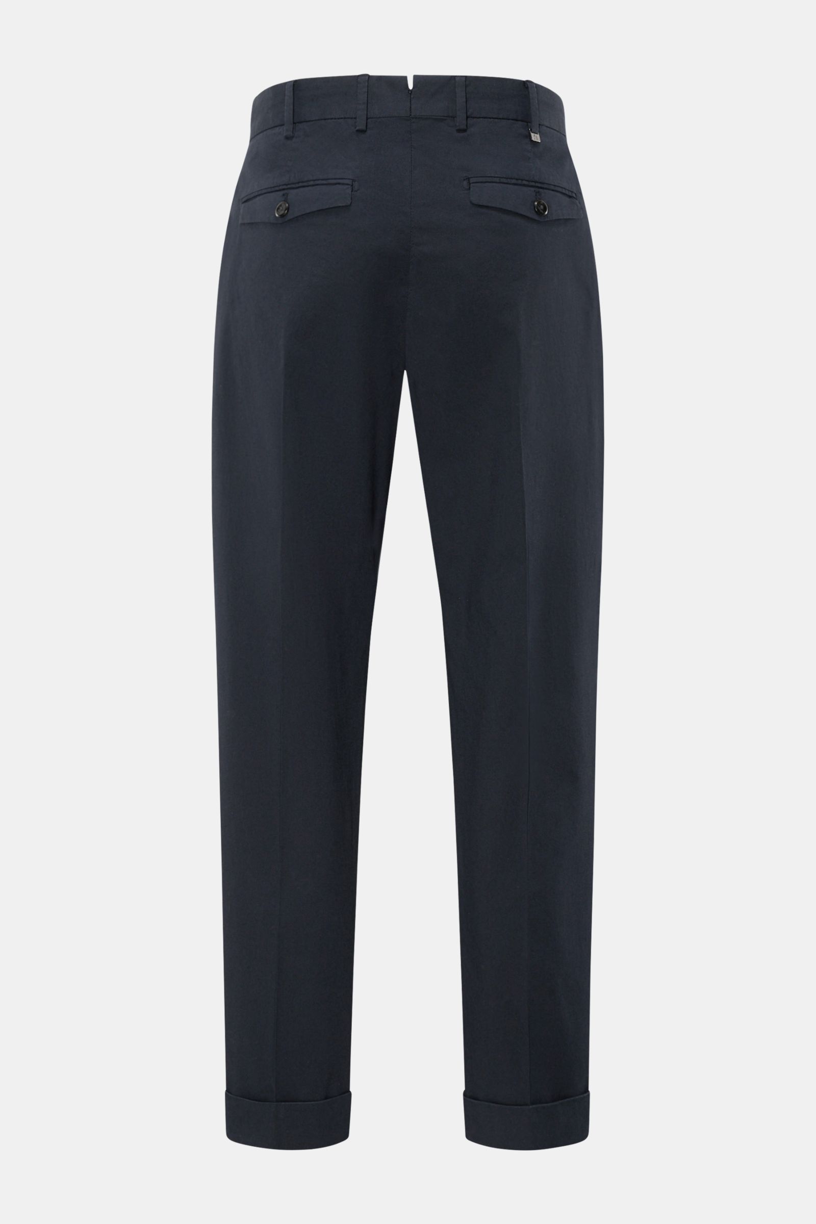 Rear view of PT Torino Chinos 'Rebel Fit' dark navy, tapered cotton chinos with back flap pockets, fixed hem turn-up, and French pockets. 

Description: You can’t go wrong with PT TORINO: These comfortably cut chinos made of cotton in a trendy tapered fit