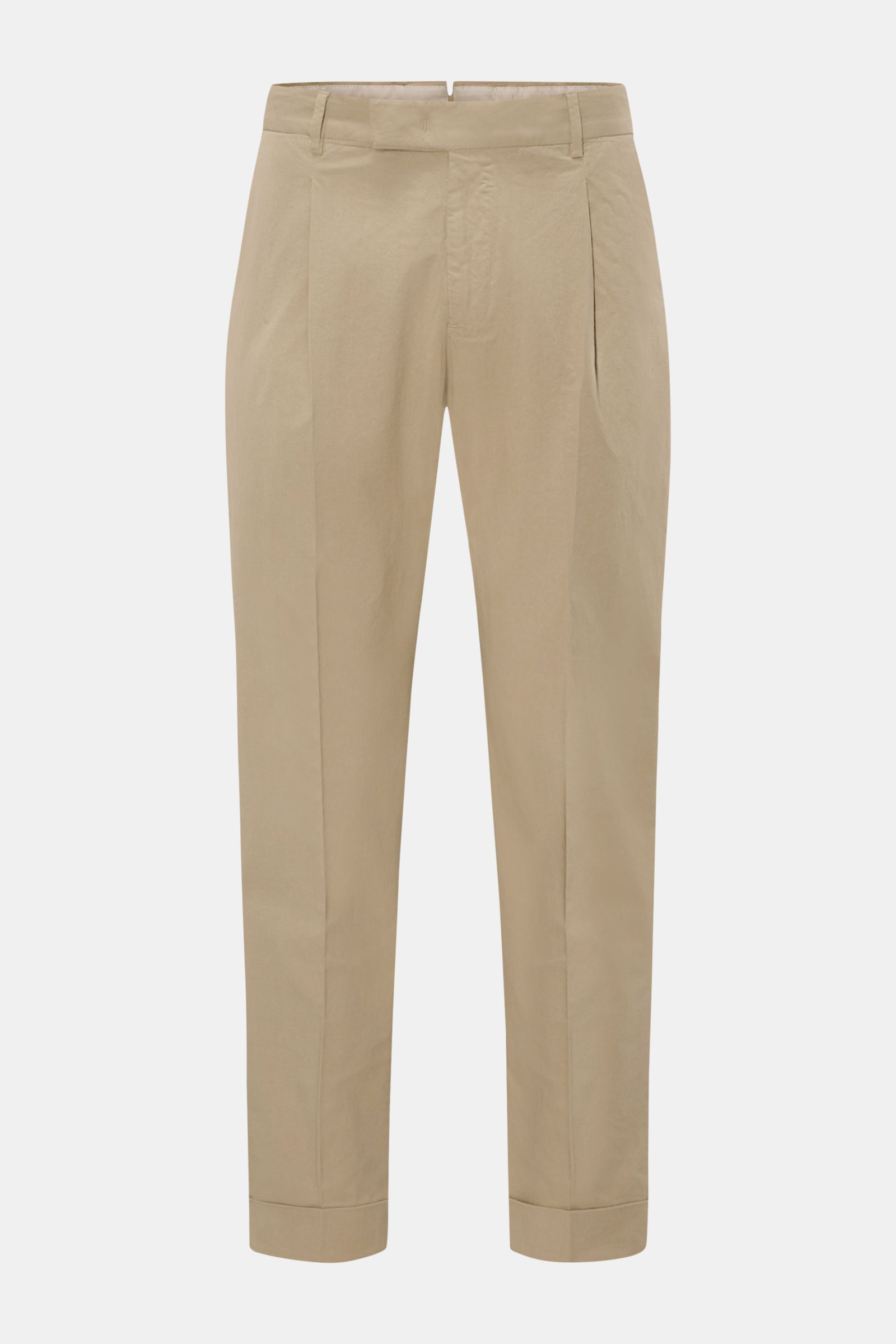 Front view of PT Torino Chinos 'Rebel Fit' beige, tapered cotton chinos with single pleat, French pockets, back flap pockets, and fixed hem turn-up.

Additional description:  
You can’t go wrong with PT TORINO: These comfortably cut chinos made of cott