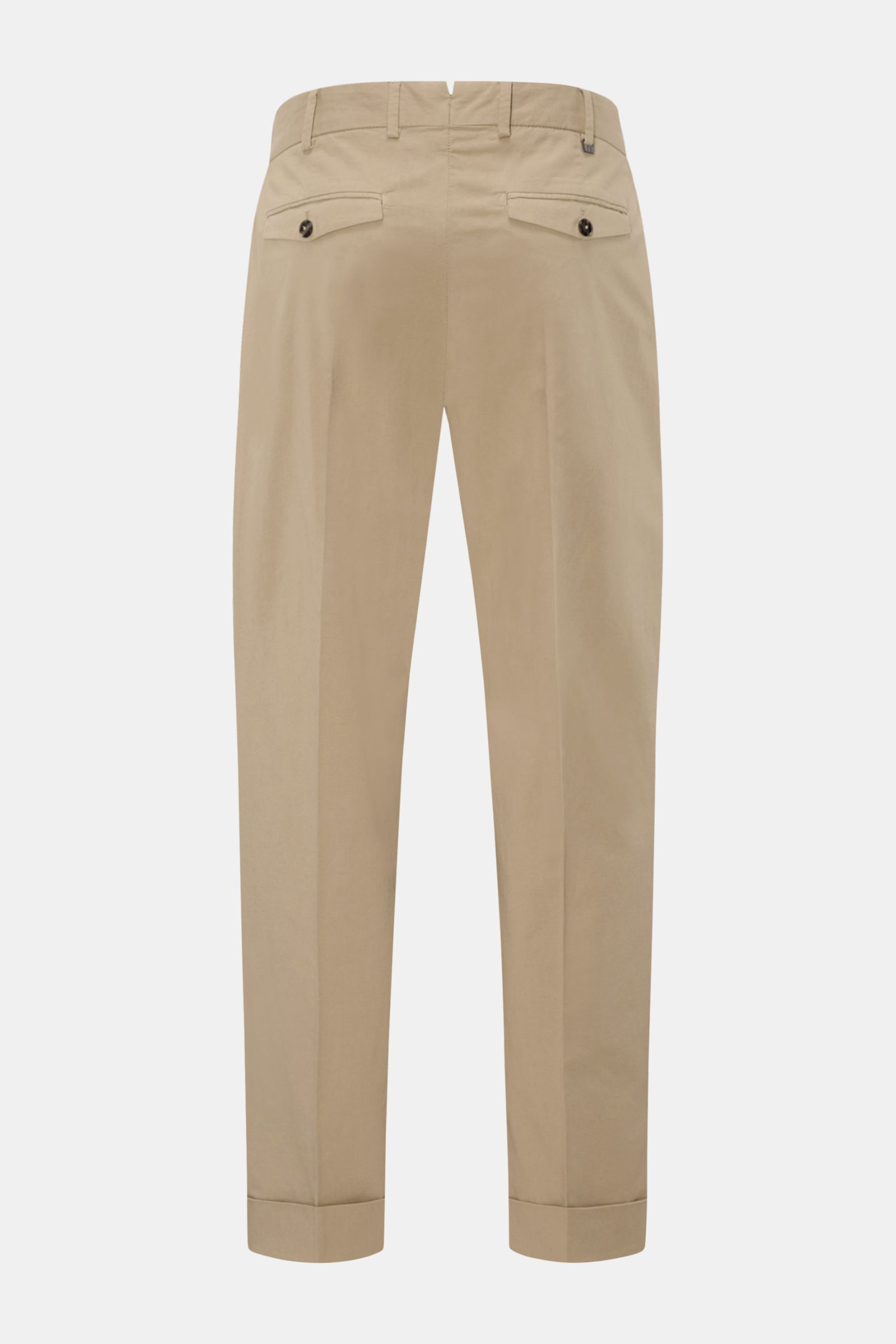 PT Torino Chinos 'Rebel Fit' beige shown from the back, featuring tapered cotton fabric, French pockets, single pleat, and fixed hem turn-up.  
You can’t go wrong with PT TORINO: These comfortably cut chinos made of cotton in a trendy tapered fit are a