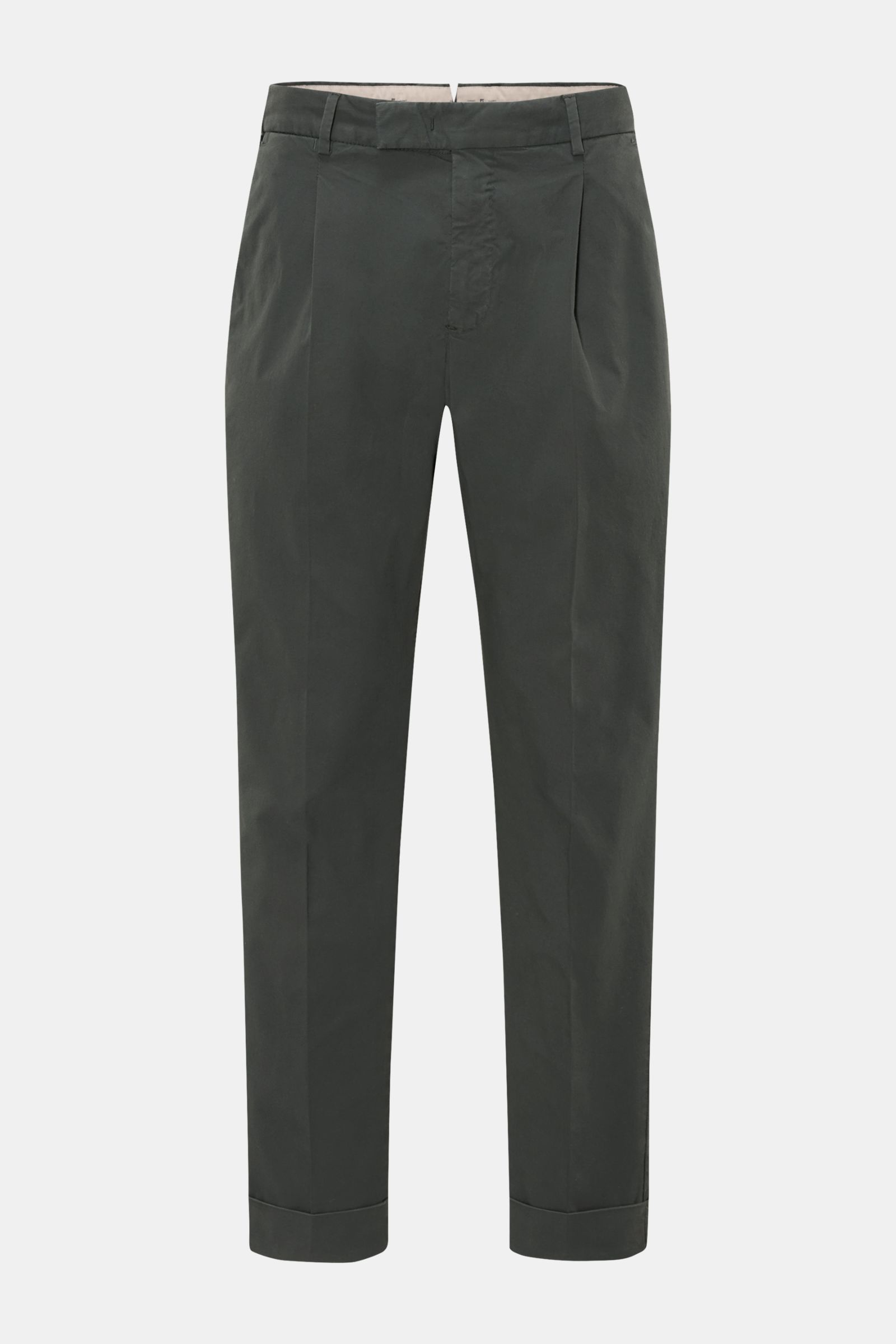 PT Torino Chino 'Rebel Fit' dunkelgrün, frontale Ansicht, knöchellang, Tapered Fit, reine Baumwolle, Bundhaken, französische Taschen, Saumaufschlag.