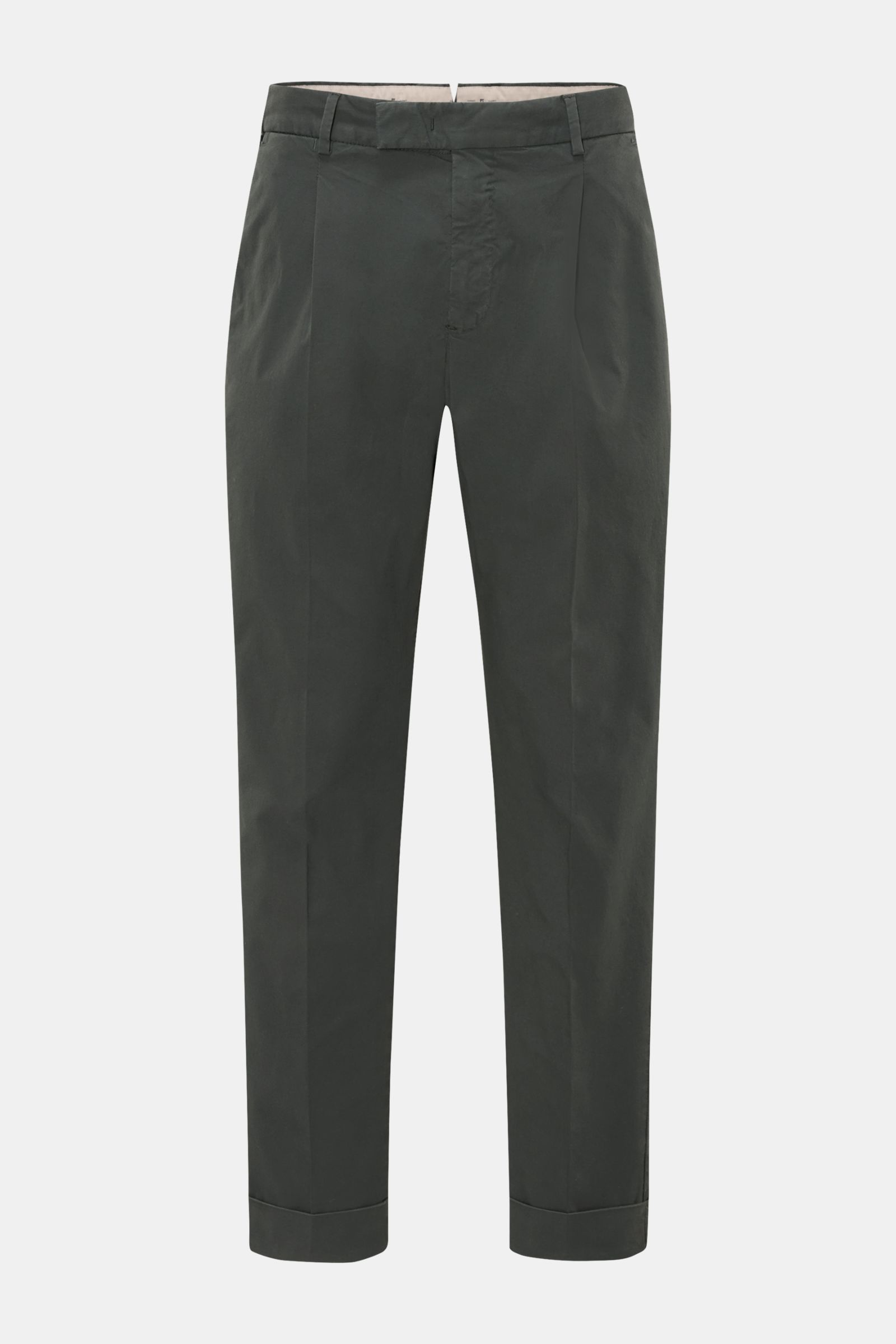 PT Torino Chino 'Rebel Fit' dunkelgrün, knöchellang, tapered Fit, reine Baumwolle, fixierter Saumaufschlag, Vorderansicht, französische Taschen.