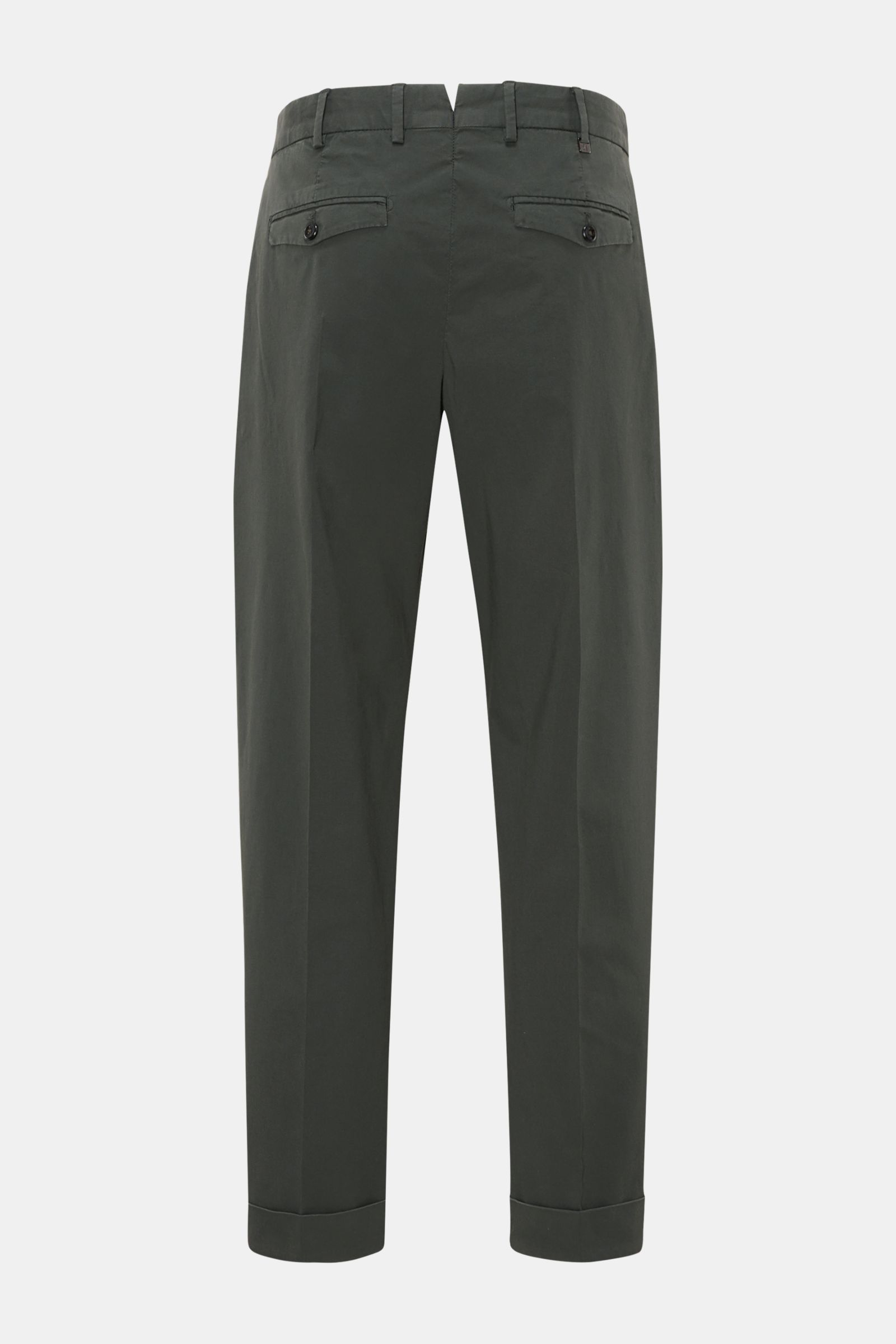 PT Torino Chino 'Rebel Fit' dunkelgrün, knöchellang, aus reiner Baumwolle, Tapered Fit, Rückansicht mit Gesäßtaschen, Bundhaken, Saumaufschlag.