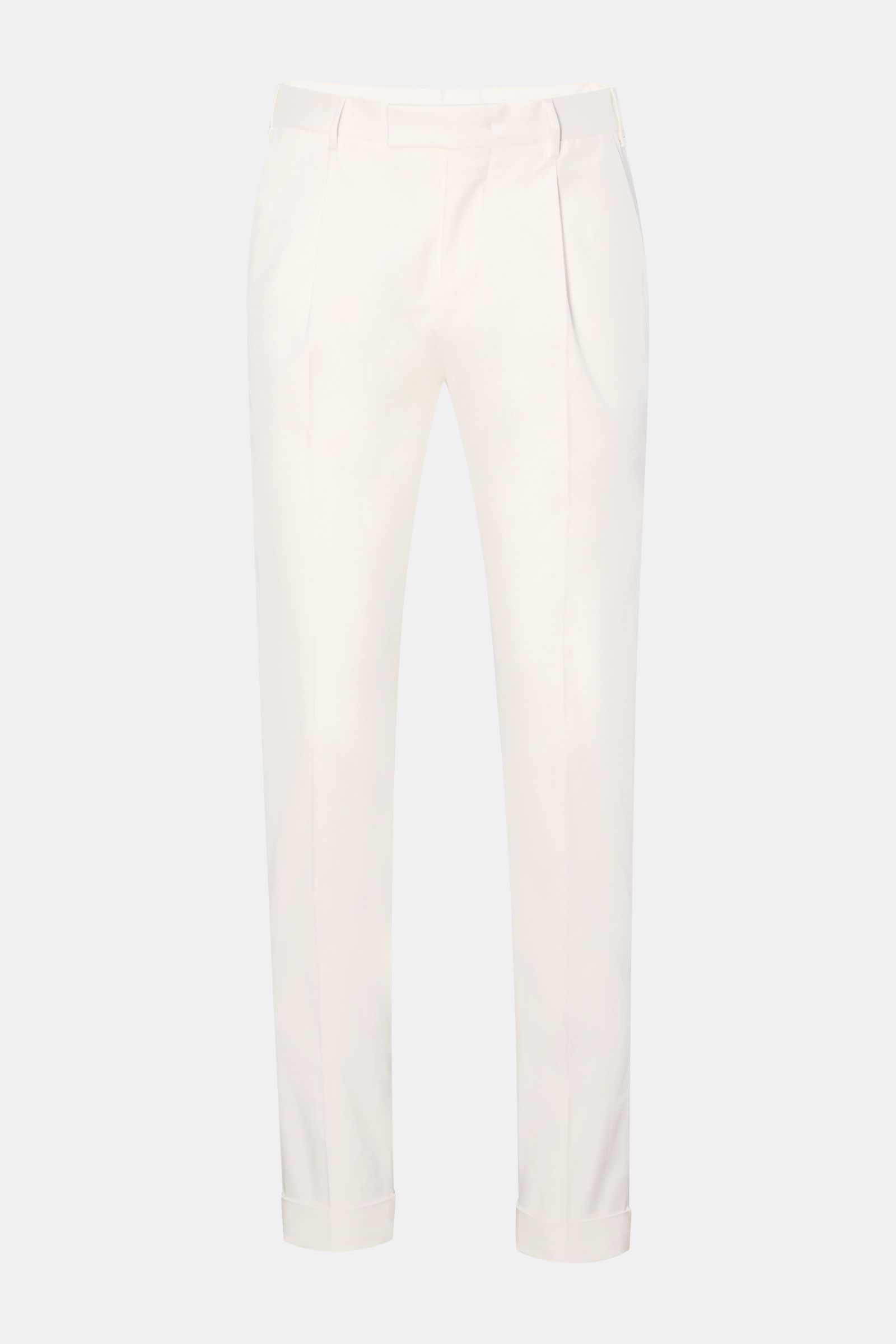 Front view of PT Torino Chino 'Master Fit' offwhite pants, made from robust elastic cotton twill with soft touch, tapered fit, regular thigh width, ankle length with fixed cuff, zipper and hook closure, simple front pleat, French pockets, and back pockets