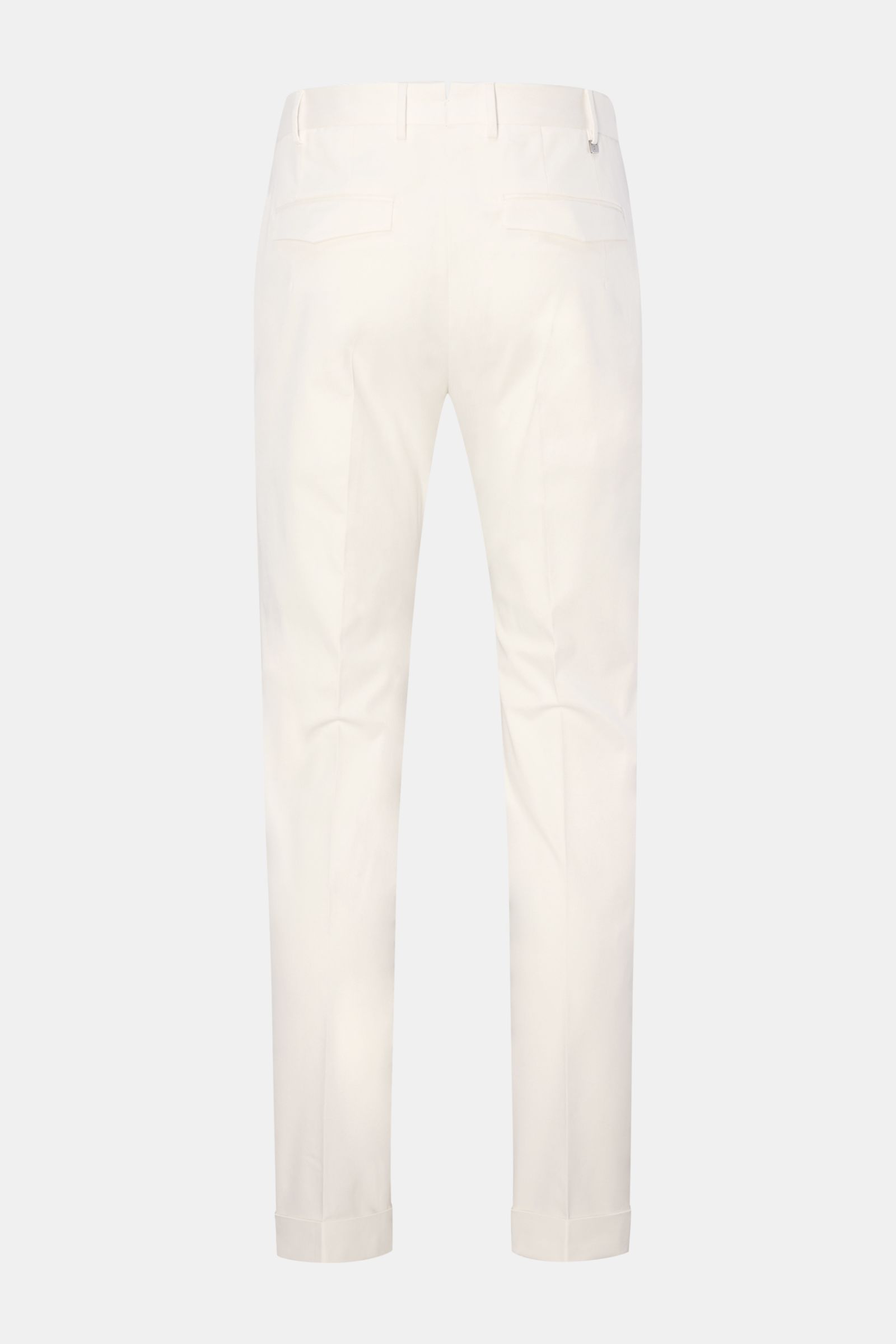 Rear view of PT Torino Chino 'Master Fit' offwhite cotton twill pants with tapered fit, ankle length, and cuffed hems.