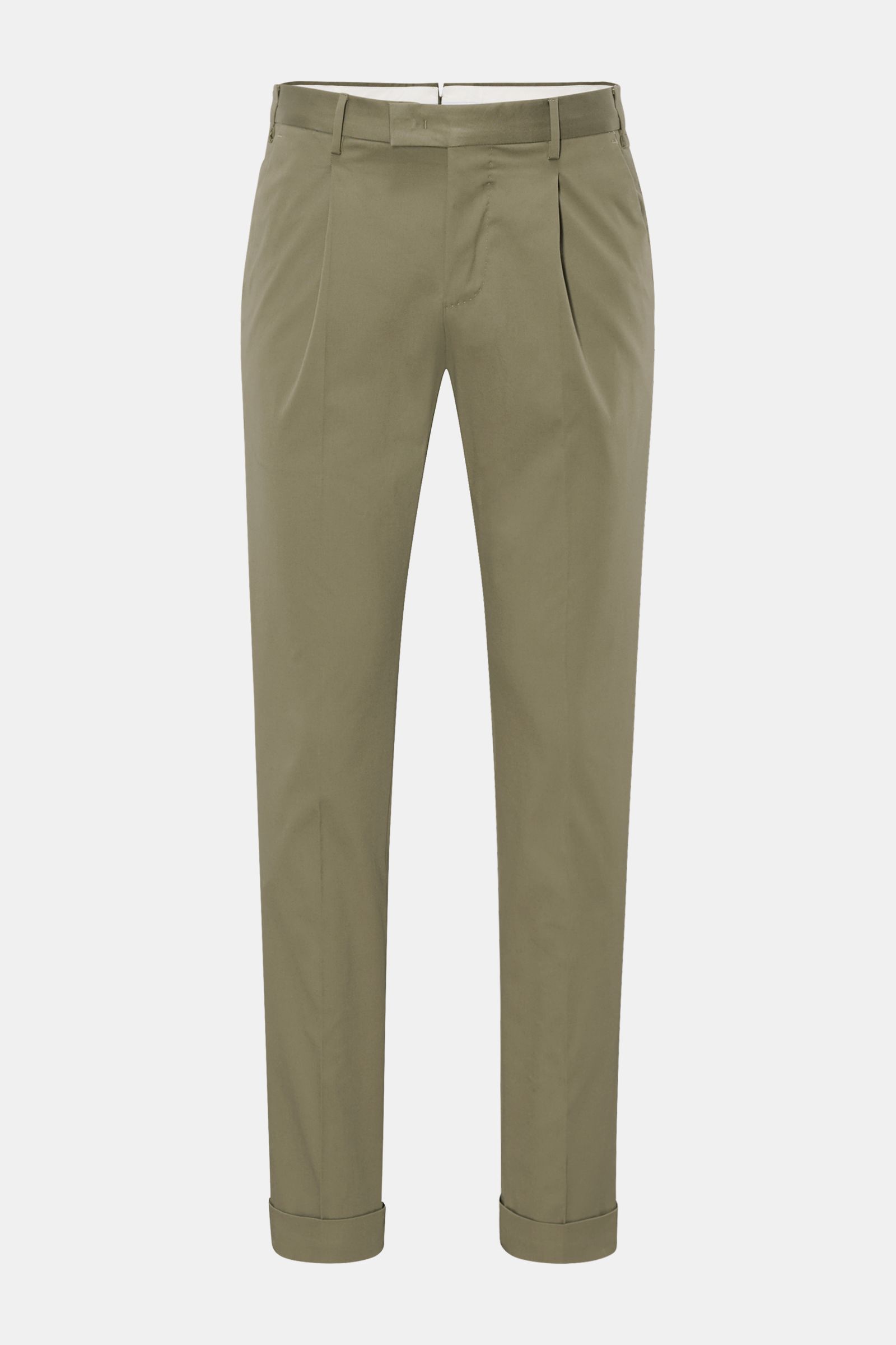 PT Torino Chino 'Master Fit' oliv, frontale Ansicht, Baumwoll-Twill, elastisch, reguläre Oberschenkelweite, Saumaufschlag, französische Taschen.