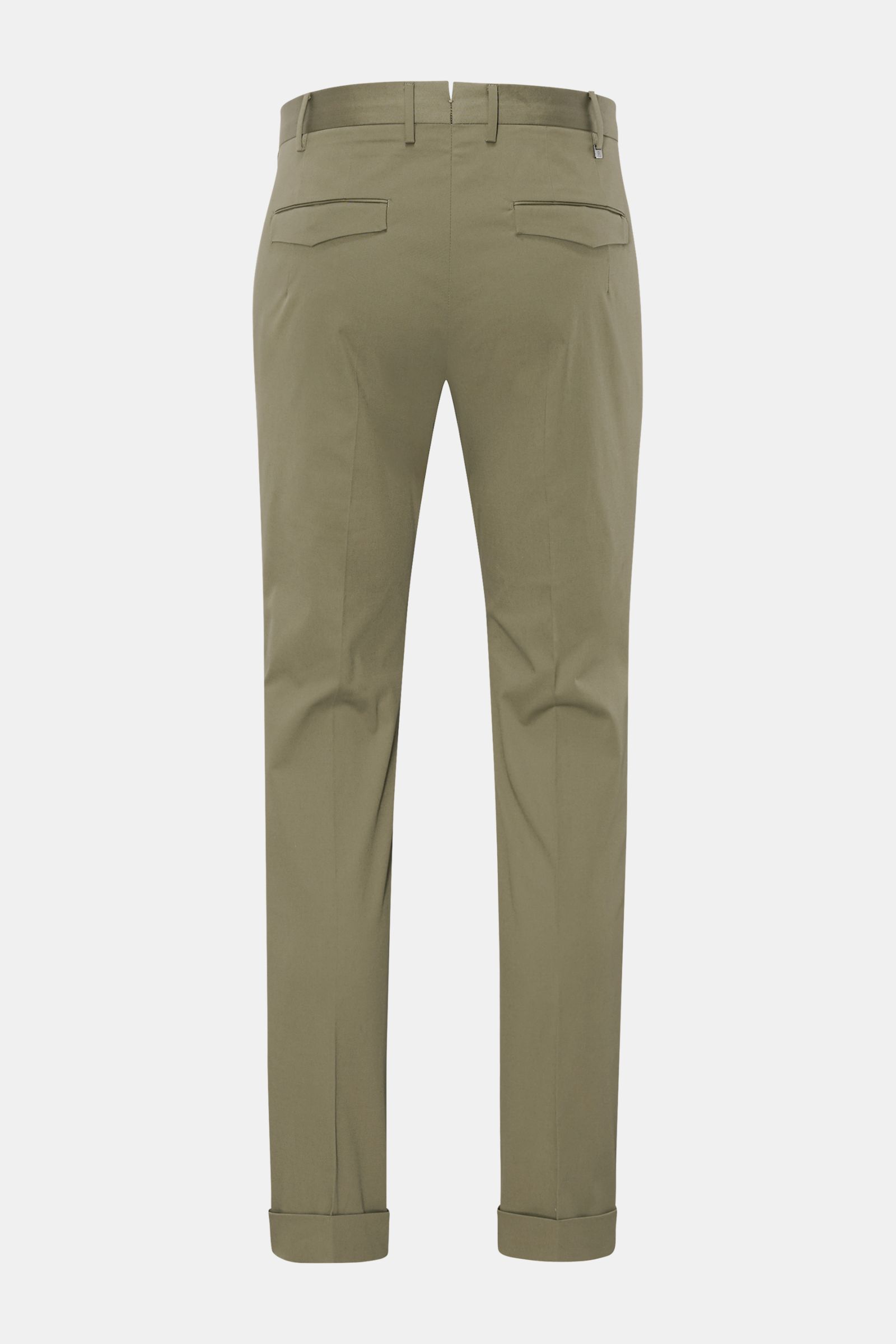 PT Torino Chino 'Master Fit' oliv, Rückansicht, knöchellang, Baumwoll-Twill, elastisch, Saumaufschlag, französische & verdeckte Taschen.