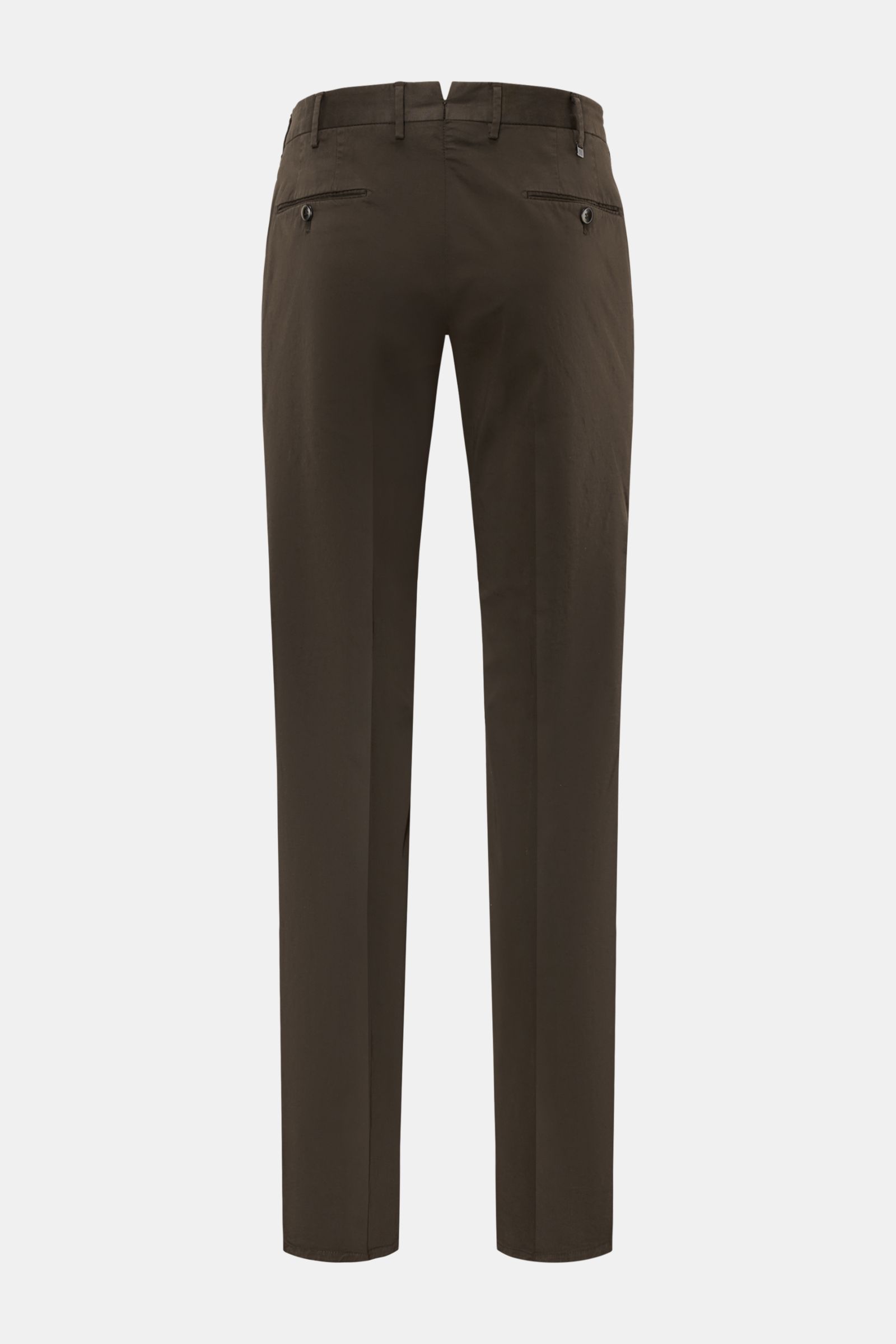 PT Torino Chino 'Slim Fit' dunkelbraun aus Baumwolltwill mit leichtem Stretch, weichem Griff, schmal zulaufend, Rückansicht mit Taschen und Knöpfen.