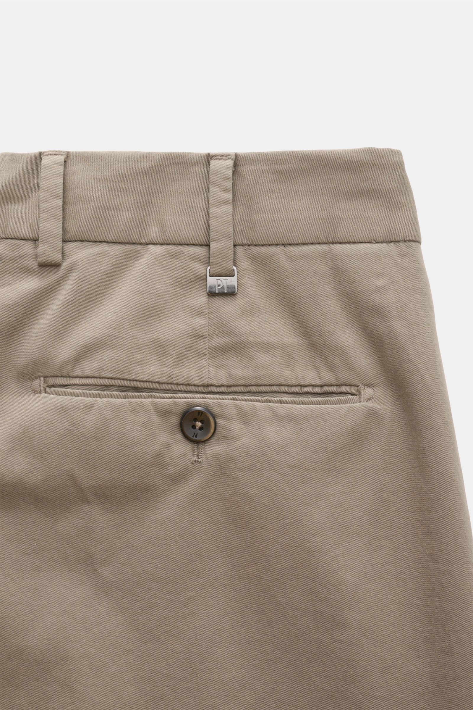 PT Torino Chinos 'Union Fit' grey-brown shown from the back waist area, featuring cotton twill with slight stretch, single pleat, French pockets, tapered cut, zip and waist buttons, soft feel, regular fit, and jetted back pockets with button. For these ch