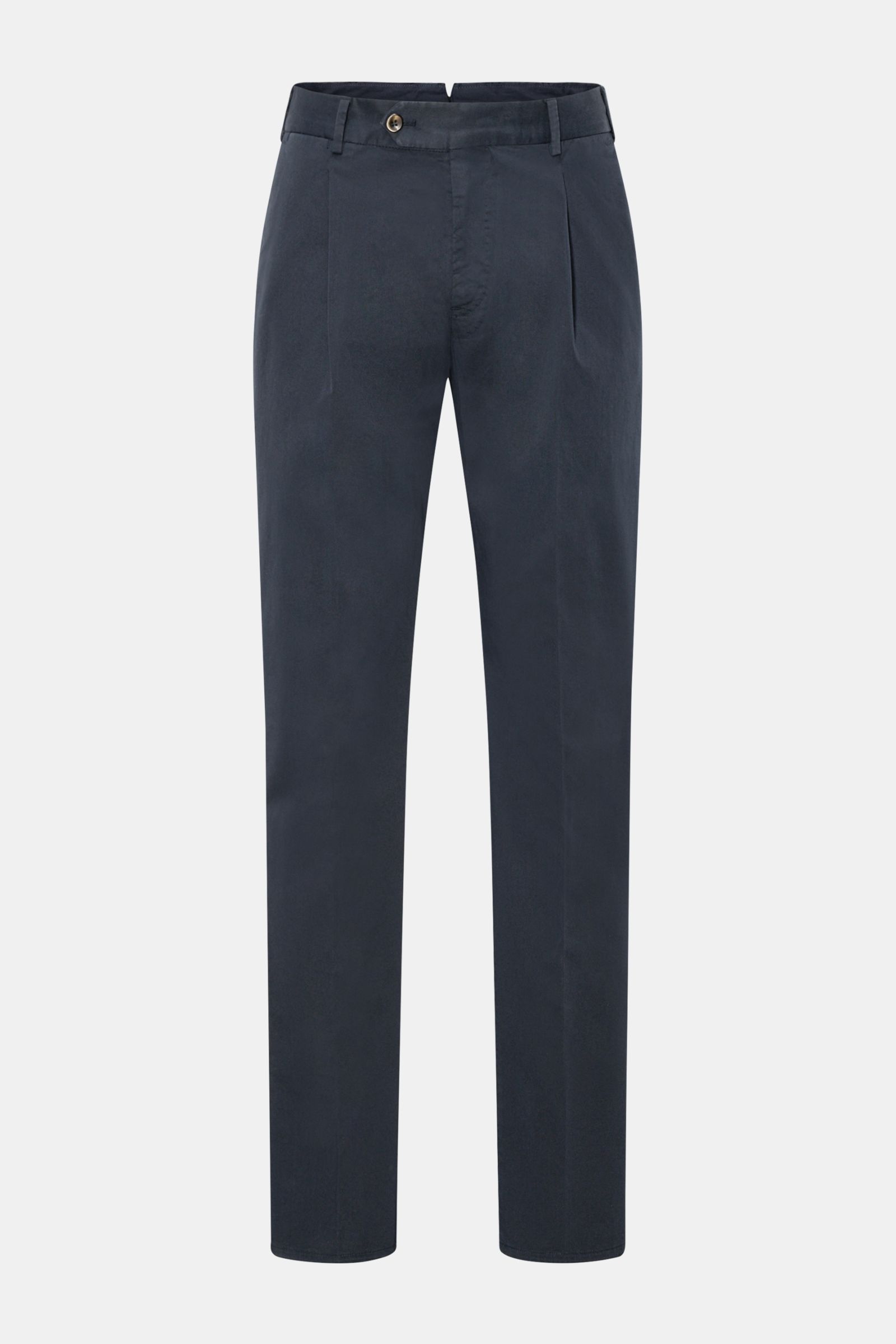 Front view of PT Torino Chinos 'Union Fit' navy made from classic cotton twill with slight stretch, featuring single pleat, French and jetted back pockets with button, tapered cut, and zip and waist buttons for comfort and style. 

For these chinos, PT