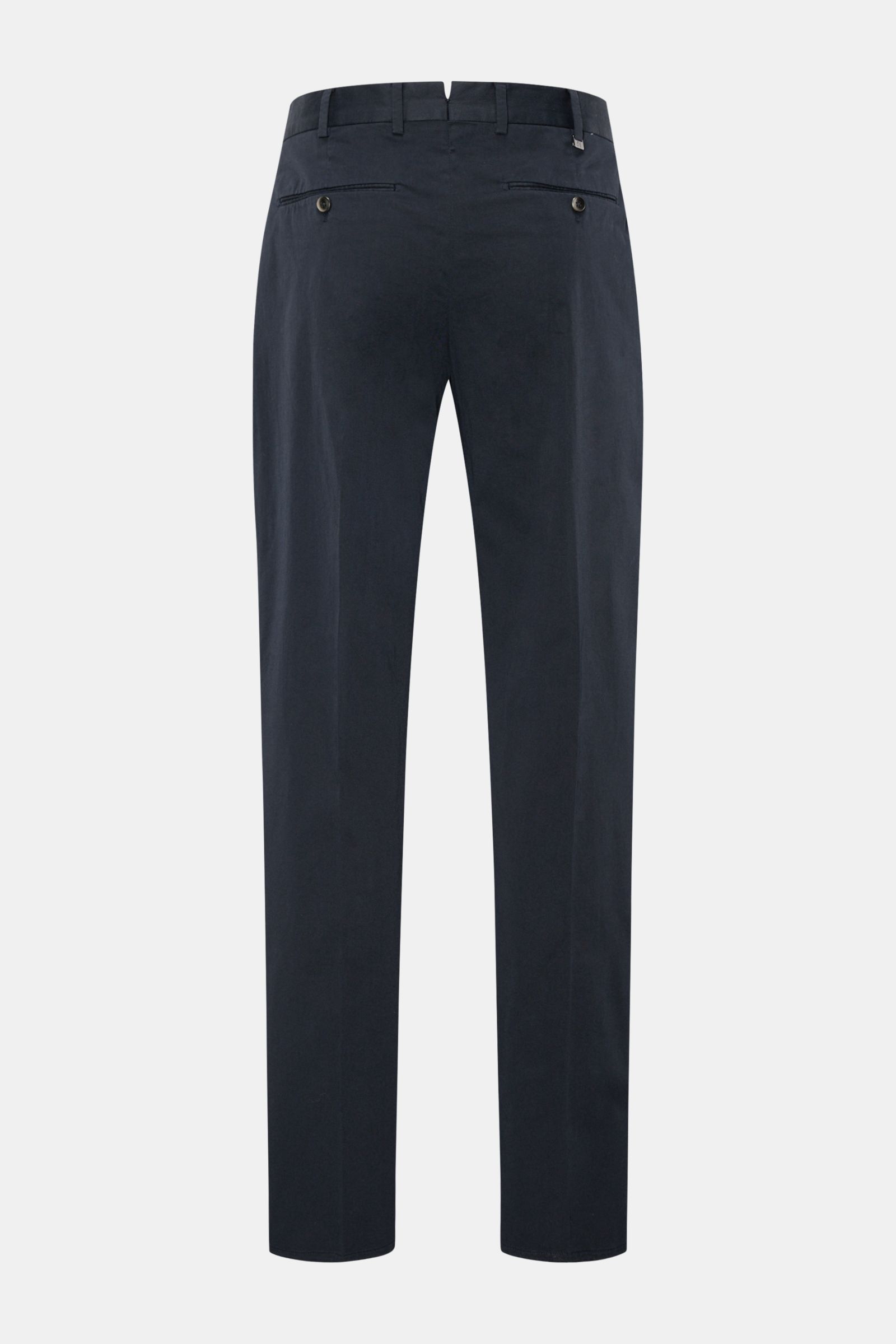 PT Torino Chinos 'Union Fit' navy shown from the back, classic cotton twill with slight stretch, soft feel, regular fit, tapered cut, zip and waist buttons, single pleat, French pockets, small watch pocket, jetted back pockets with button for comfort and 