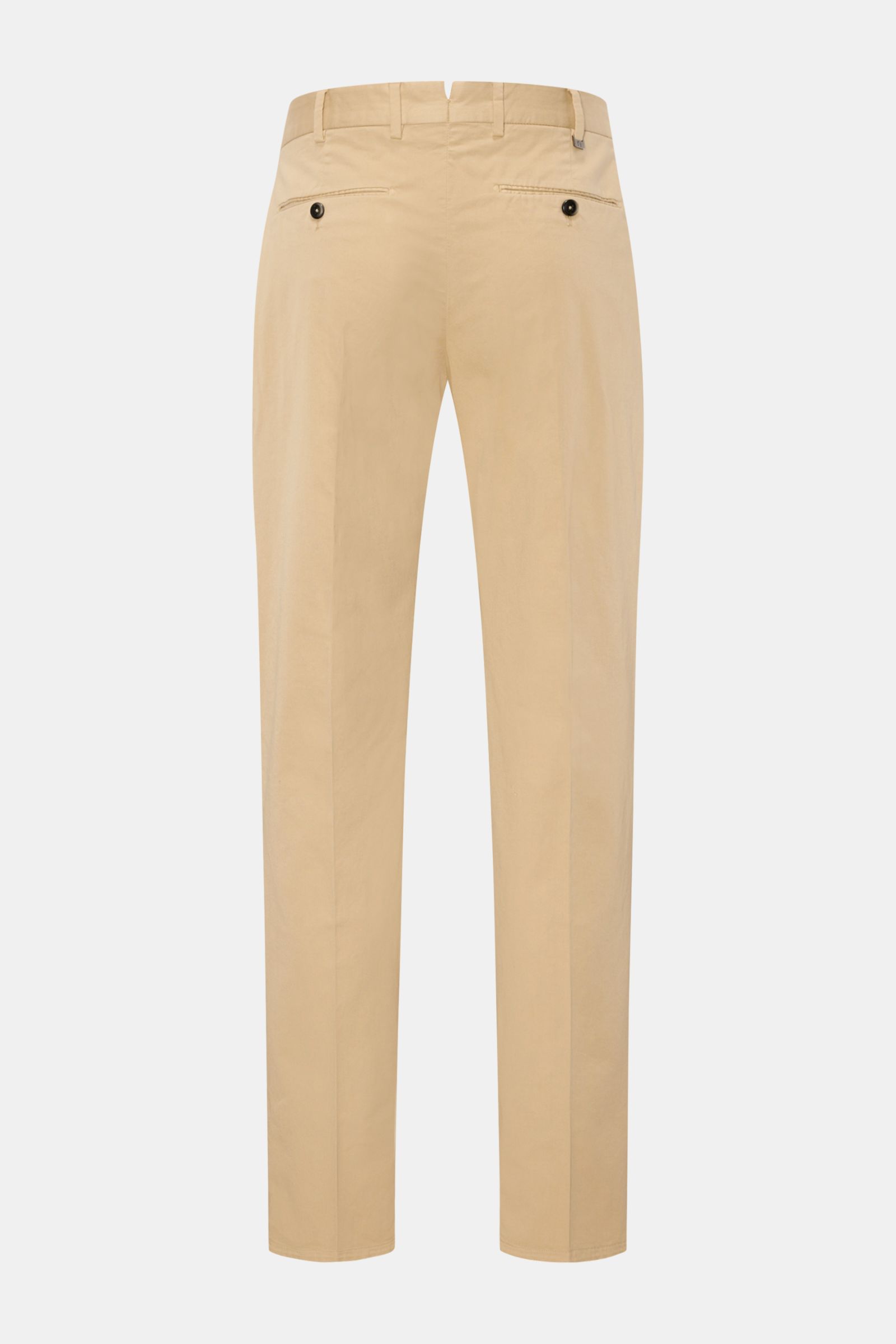 Rear view of PT Torino Chinos 'Union Fit' beige made of classic cotton twill with slight stretch, featuring single pleat, French pockets, tapered cut, zip and waist buttons, small watch pocket, and jetted back pockets with button for comfort and elegance.