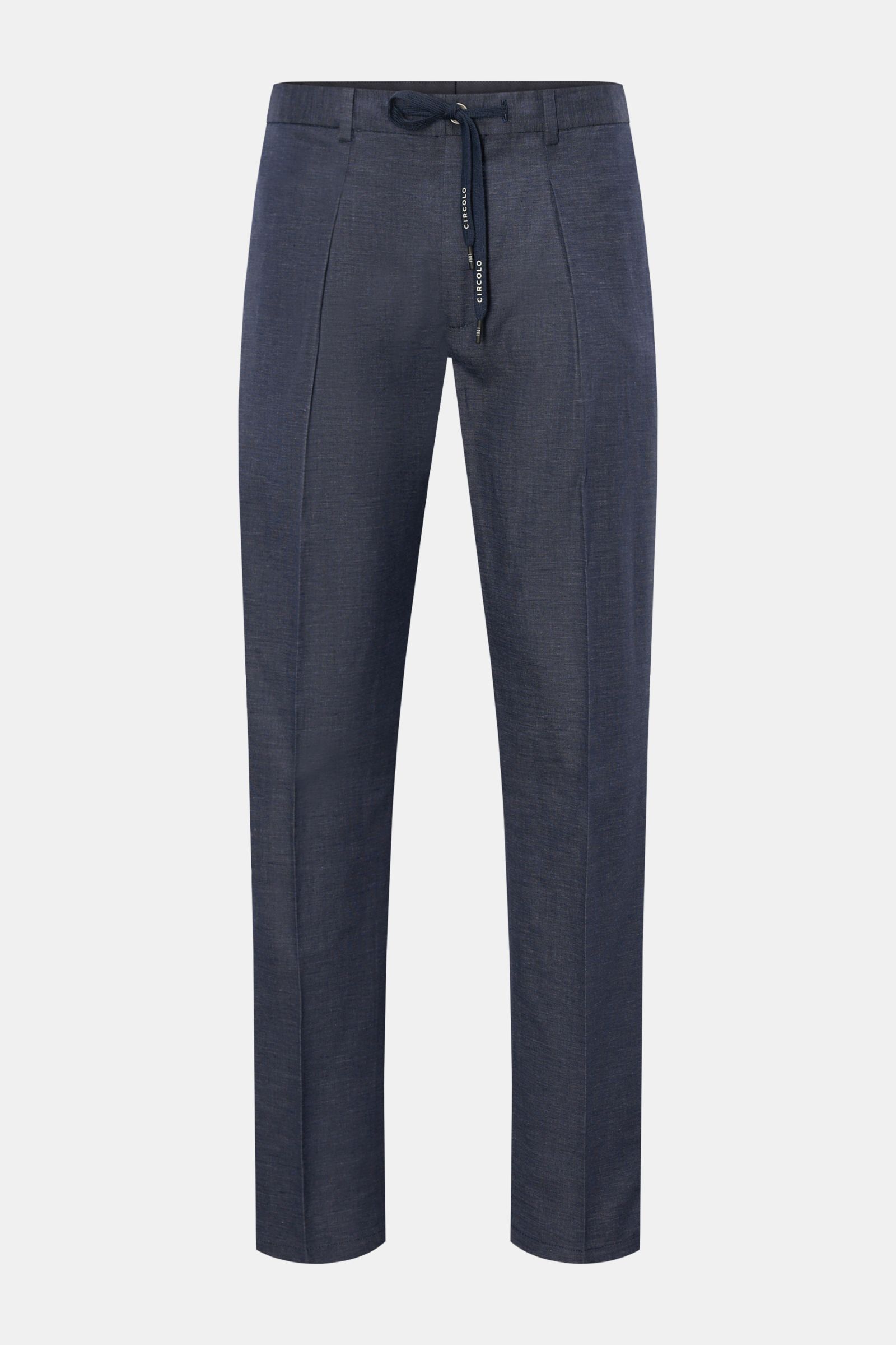 Front view of Circolo 1901 Jogger pants 'Flamed Effect' navy mottled, lightweight cotton-linen blend, regular fit with zip, button, drawstring, side and back pockets.

Description:
Casual sophistication refined: With their lightweight cotton fabric, th