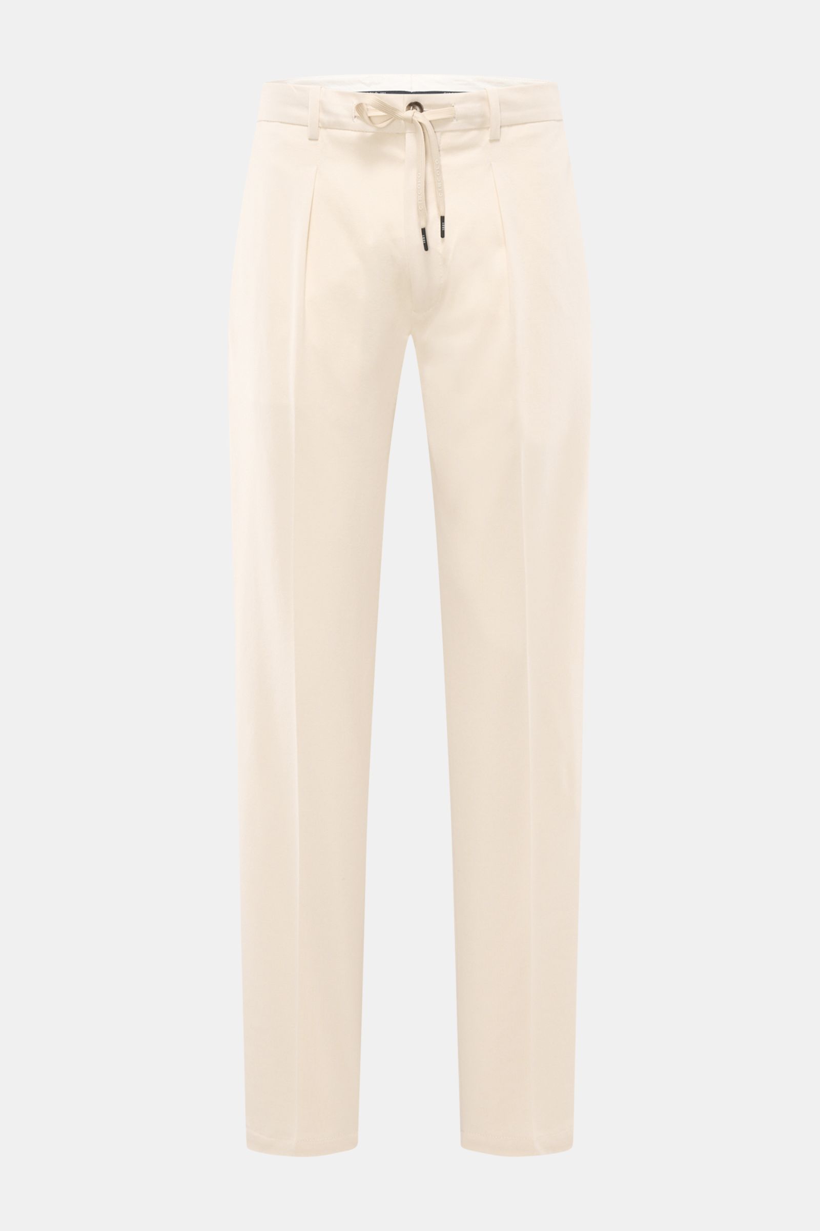 Circolo 1901 Jersey-Jogpants 'Premium Piquet' creme, frontal fotografiert, Regular Fit aus elastischem Piqué-Jersey mit Tunnelzug, Reißverschluss, Taschen und Logo-Print.