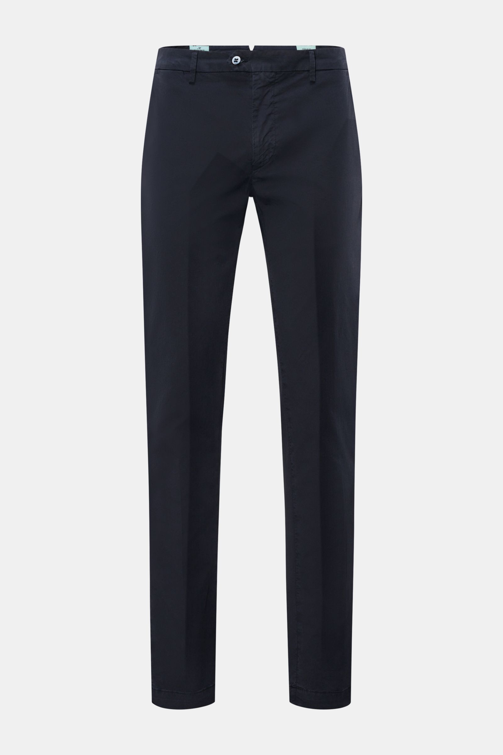 Mason's Chino 'New York Style' navy, frontale Ansicht, slim fit Baumwollhose mit leichtem Stretch, französischen Taschen und Metallinitial.