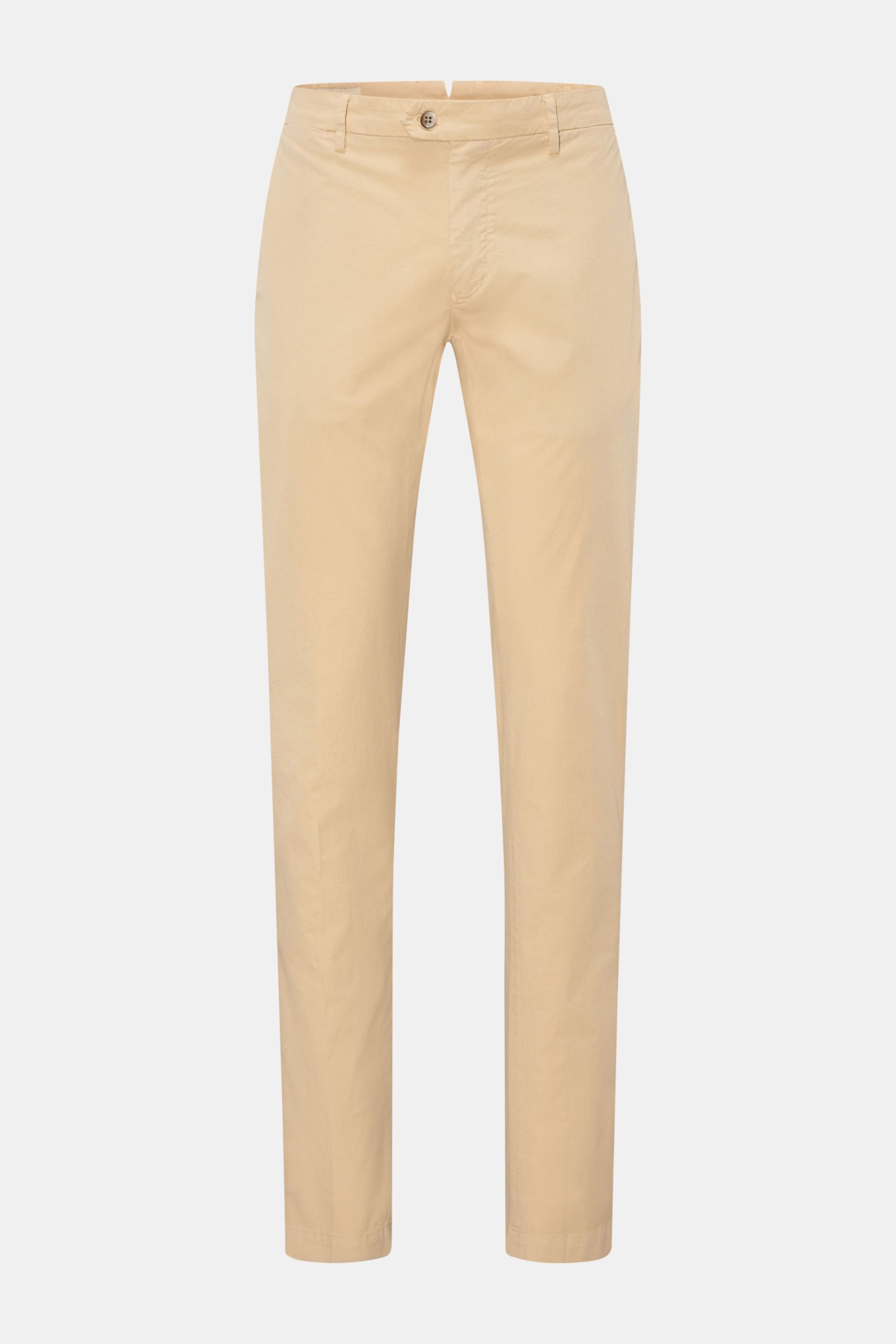Mason's Chino 'New York Style' beige, Slim Fit Baumwollhose mit Stretch, schmal zulaufend, französische Taschen, Frontansicht auf weißem Hintergrund.
