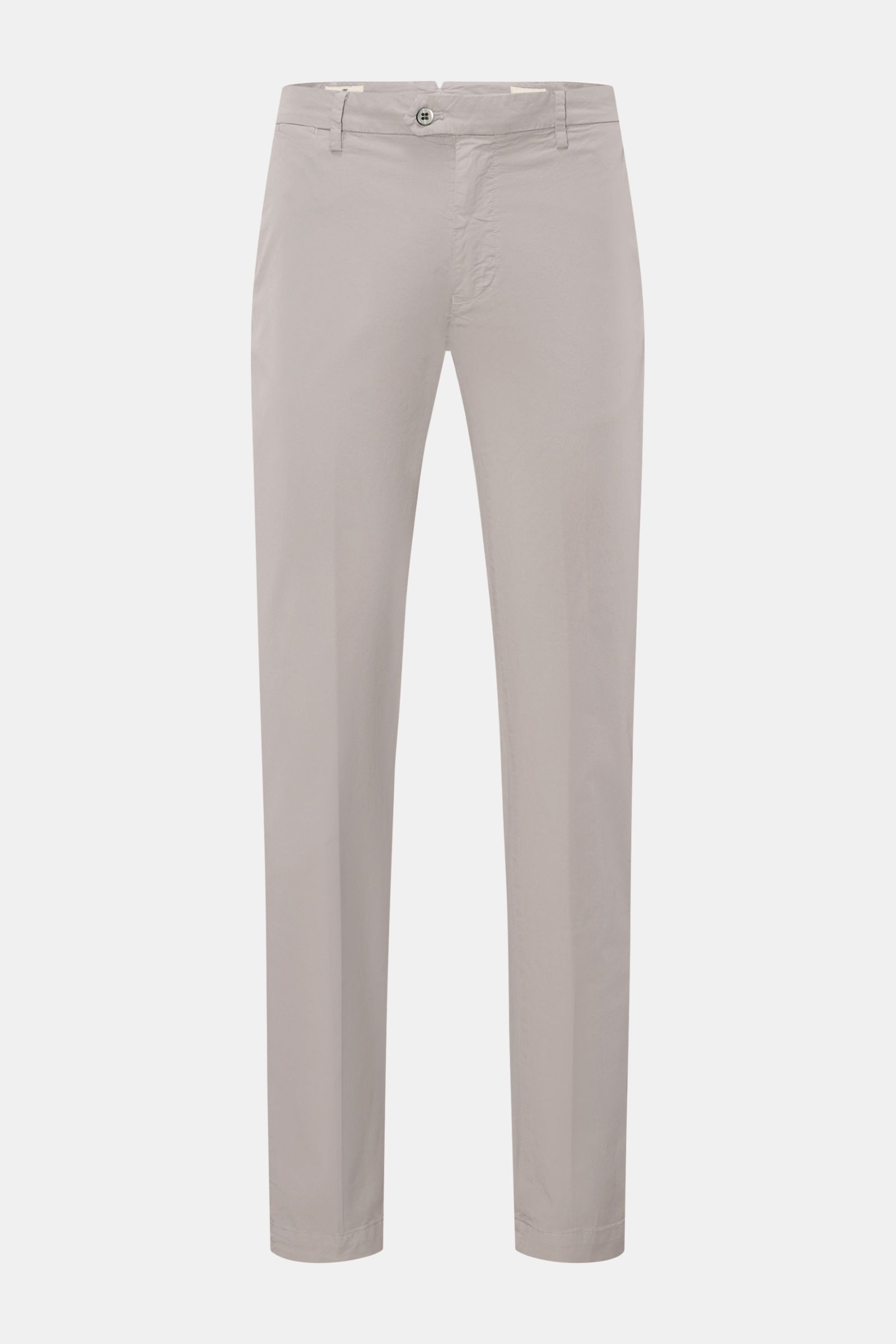Front view of Mason's Chinos 'New York Style' light grey cotton chinos with slim fit, tapered cut, zip and waist buttons, French pockets, small watch pocket, and jetted back pockets with button; comfort and style with cotton twill, slight stretch, and sof