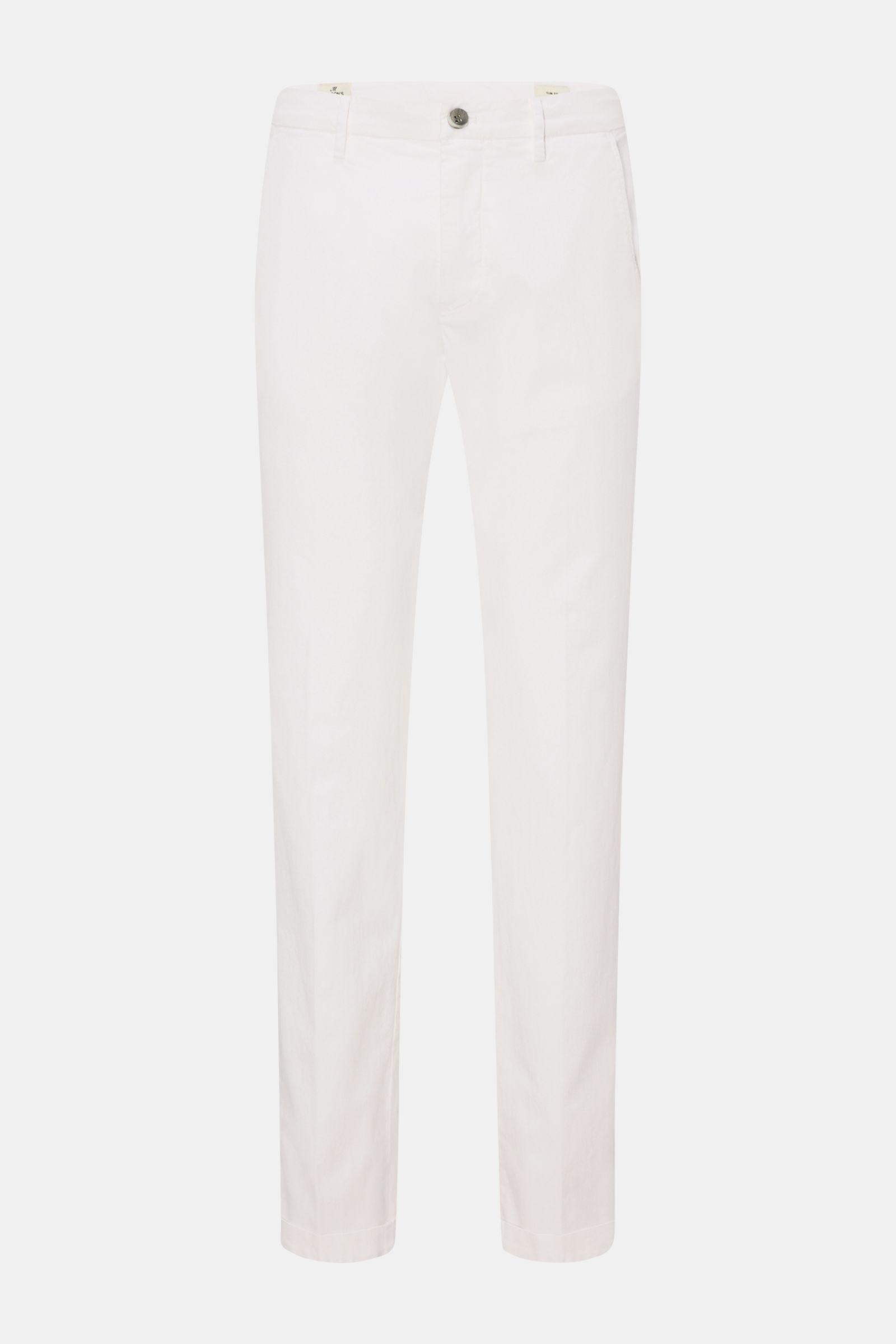 Mason's Chino 'Torino Style' offwhite, slim Fit, niedrige Bundhöhe, Baumwoll-Lyocell-Stretch, frontal fotografiert, mit Zip Fly, Bundknopf.