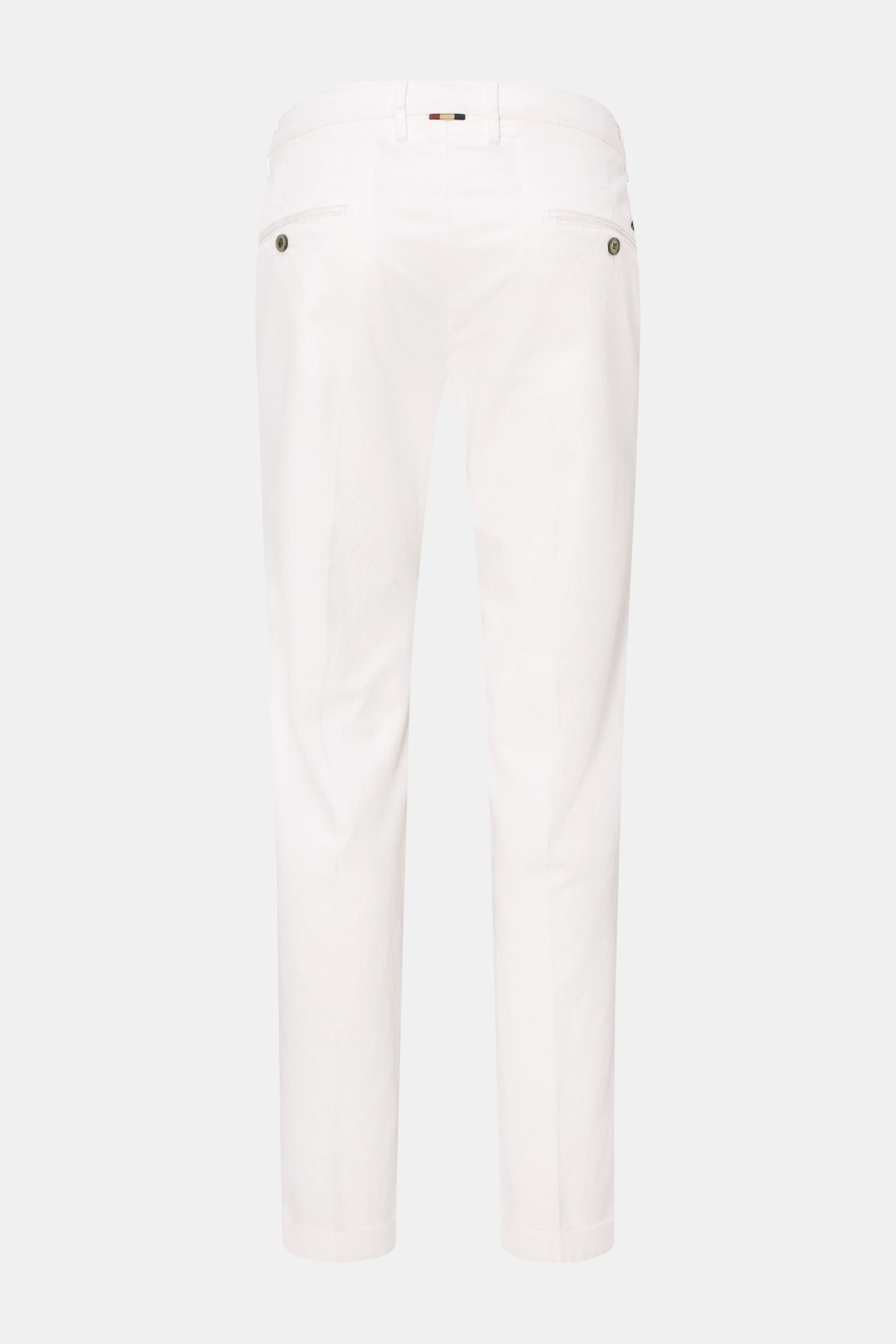 Mason's Chinos 'Torino Style' off-white shown from the back, slim fit, low waist, tapered cut, twill cotton-lyocell blend with stretch for comfort. Looking for a pair of classic chinos? Then look no further than the model 'Torino Style' by MASON'S, becaus