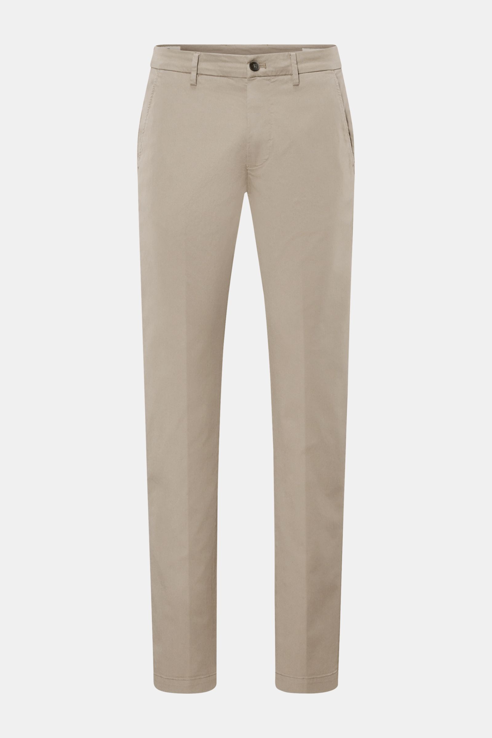 Mason's Chino 'Torino Style' taupe, slim Fit, aus Baumwoll-Lyocell-Twill mit Stretch, frontale Ansicht, niedrige Bundhöhe, französische Taschen.