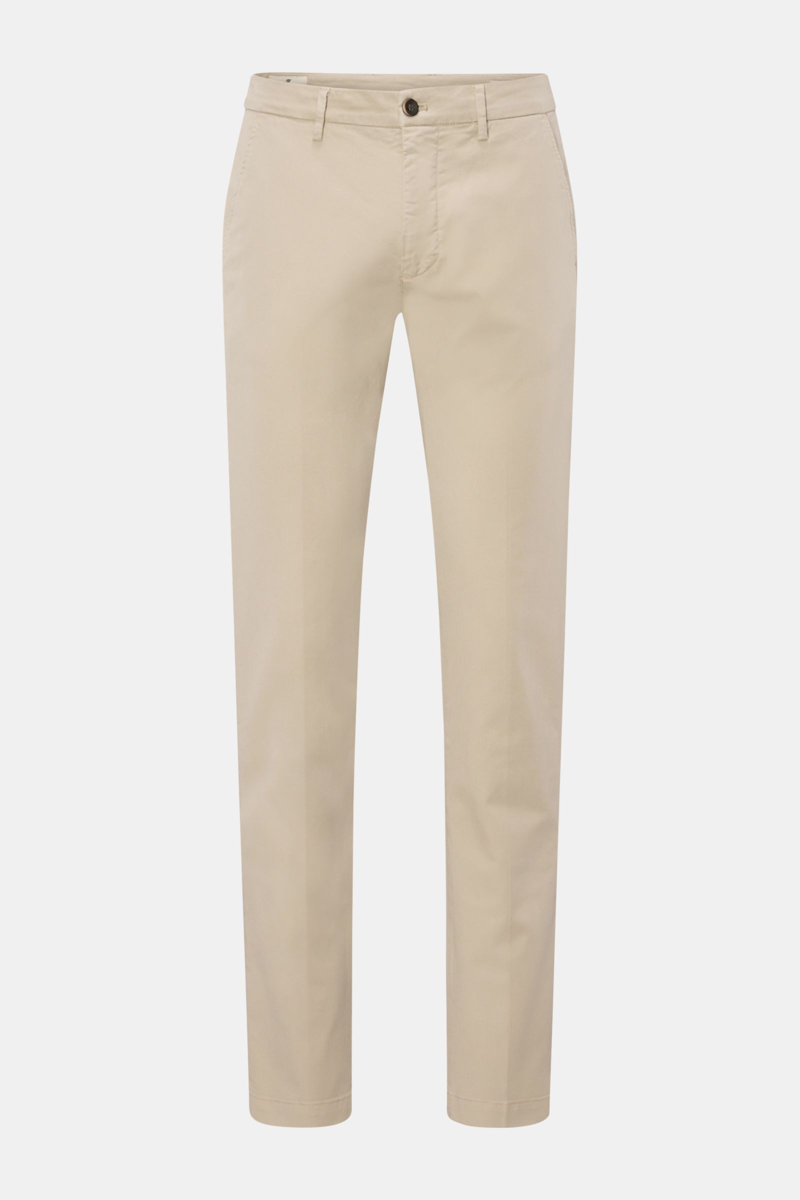 Mason's Chino 'Torino Style' beige, slim fit, schmal zulaufend, aus Baumwolle/Lyocell mit Stretch, frontal fotografiert, mit Zip Fly, Bundknopf und Taschen.
