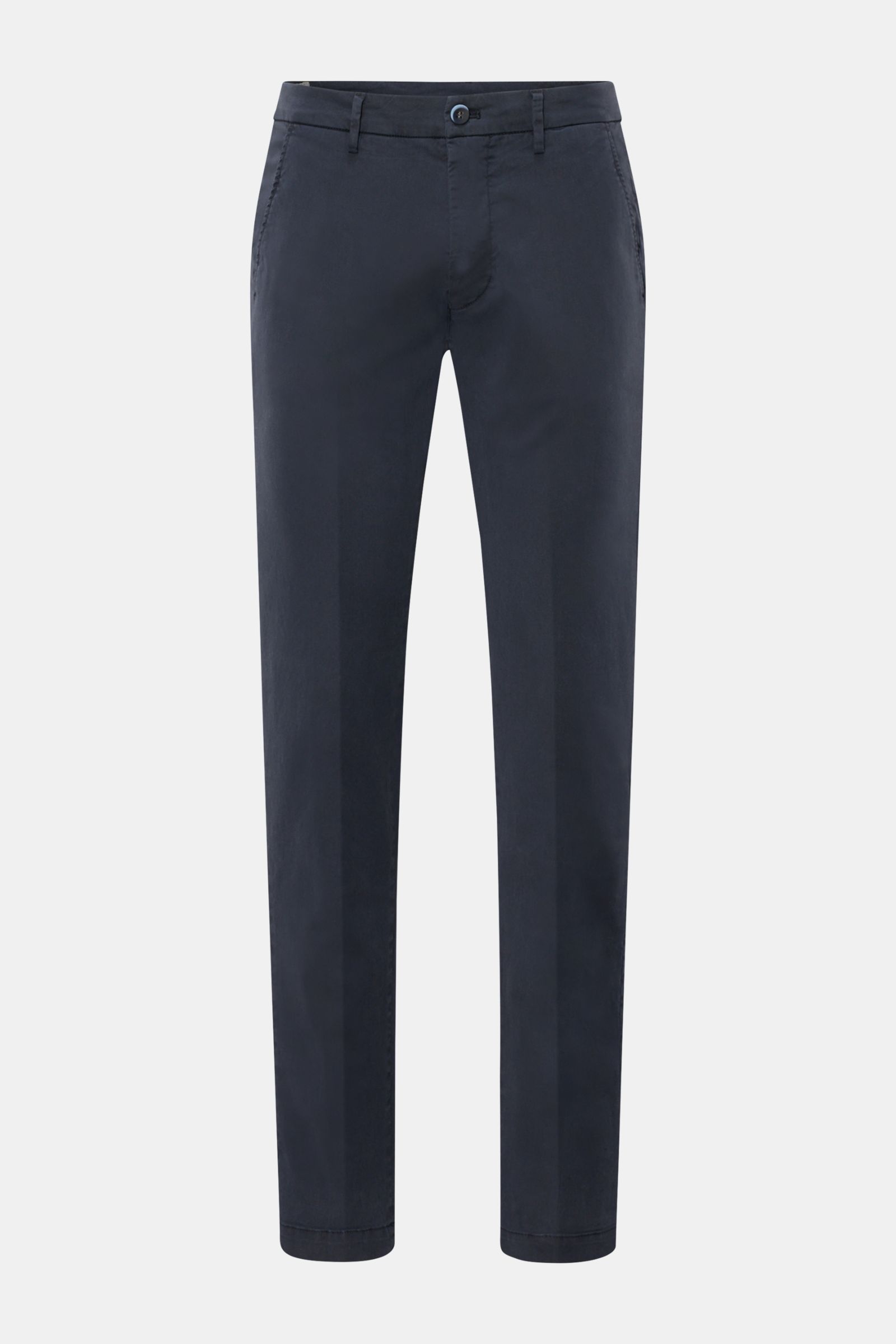 Mason's Chino 'Torino Style' navy, slim Fit mit niedriger Bundhöhe, französischen Taschen, Zip Fly, Baumwoll-Lyocell mit Stretch, frontal fotografiert.