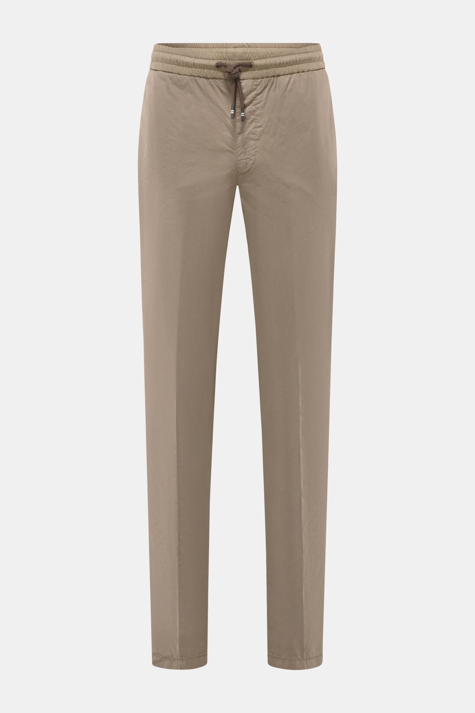 Front view of Mason's Jogger pants 'New York' taupe in slim fit, lightweight cotton-Lyocell blend with elastic waistband and drawstring.