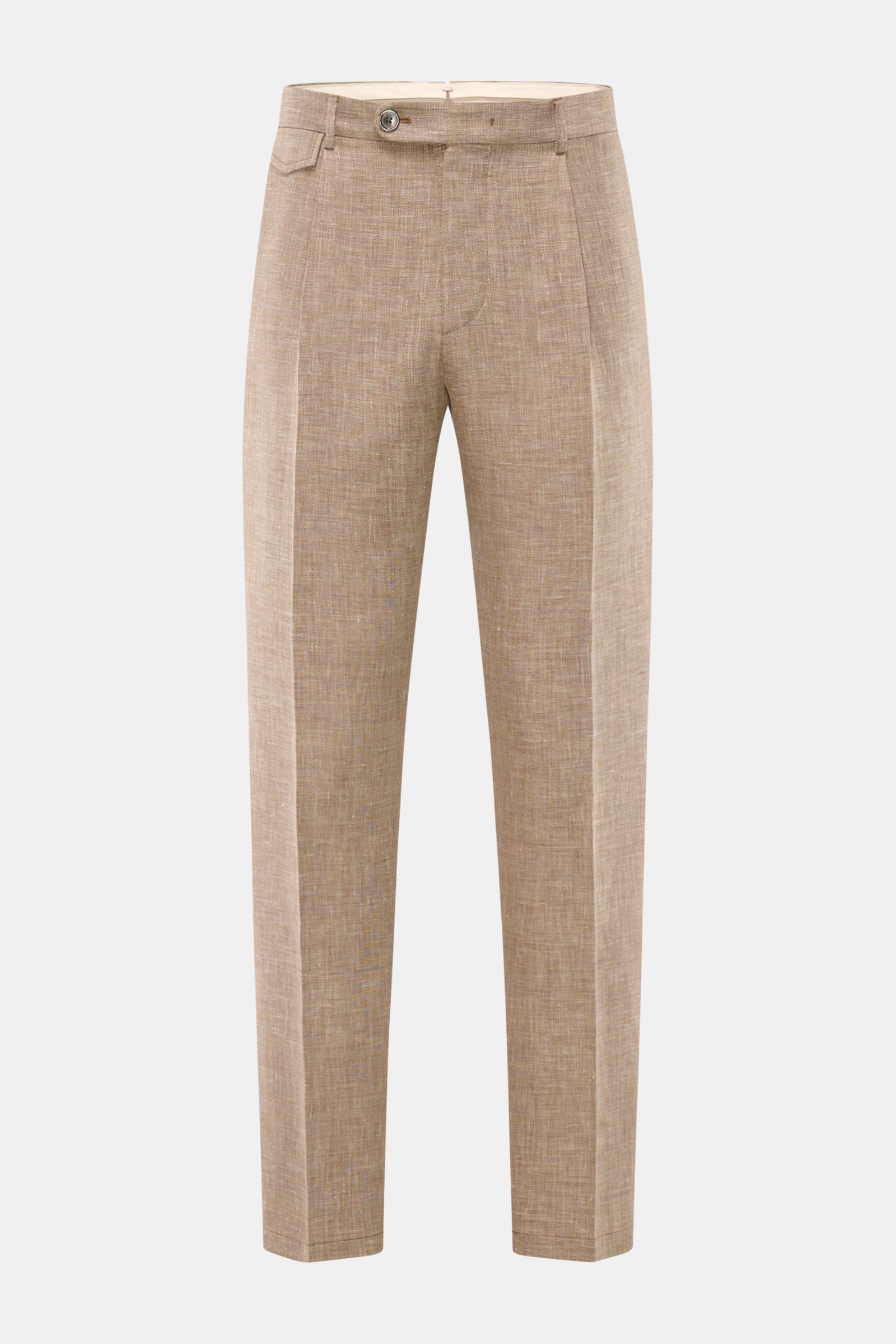Front view of Windsor Trousers 'Silvi' brown/cream melange, lightweight summer trousers with pleated waistband, small watch pocket with flap, French pockets, and back pockets with button, made from a distinctive blend of linen, wool, and silk.

The 'Si