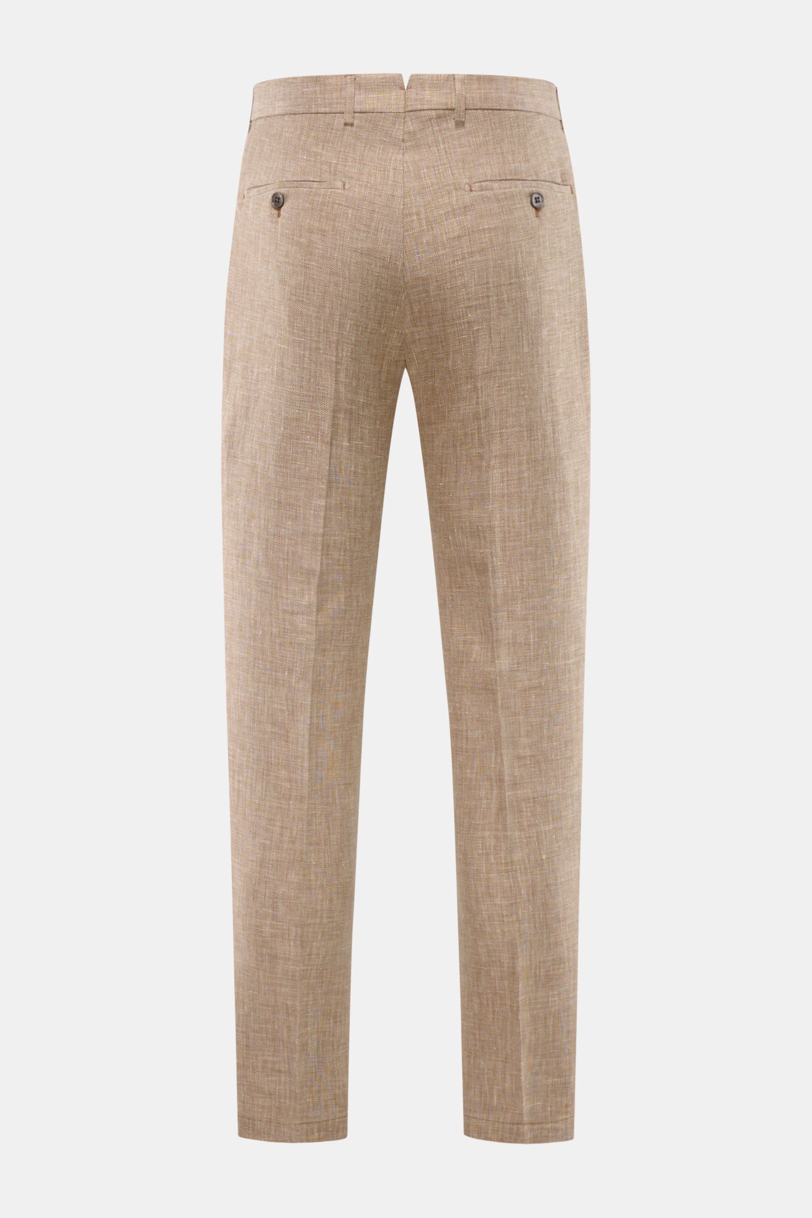 Rear view of Windsor Trousers 'Silvi' brown/cream melange, lightweight summer trousers in a distinctive linen, wool, and silk blend with pleated waistband, French pockets, small watch pocket with flap, double pleats, and back button pockets, regular fit w